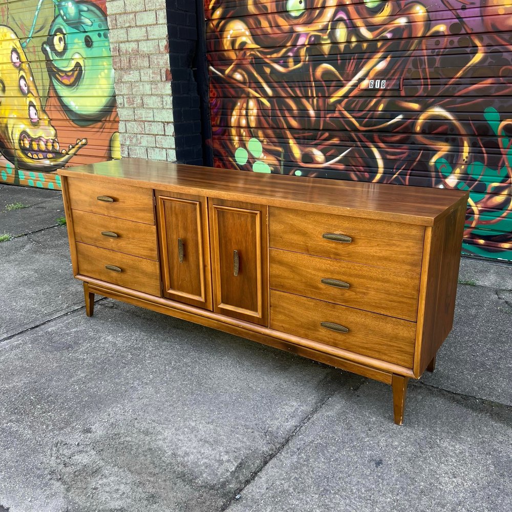 Mid Century Modern 9 Drawer Low Dresser With Brass Pulls  Main Street  Modern