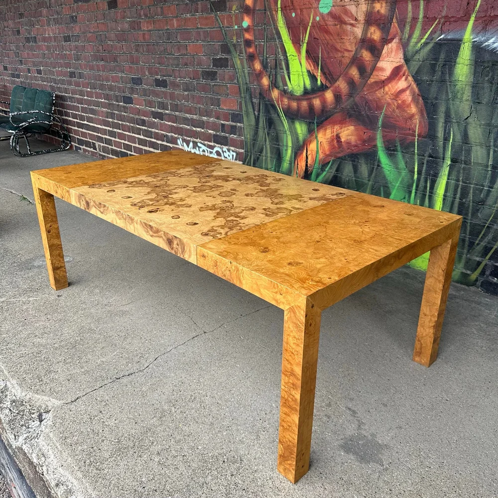 Milo Baughman Burlwood Dining Table Olive Wood — Main Street Modern