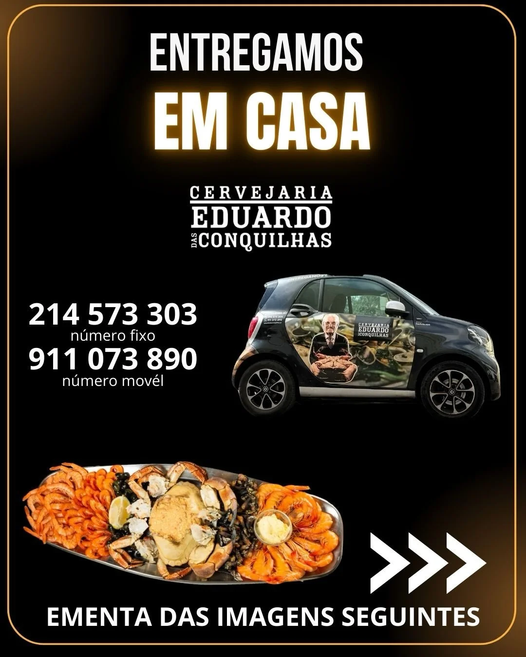🚗 ENTREGAMOS EM CASA!
O sabor inconfund&iacute;vel das mariscadas do Eduardo das Conquilhas pode agora chegar at&eacute; si, com a frescura e qualidade de sempre! 🦀🦐

📞 Fa&ccedil;a j&aacute; a sua encomenda:
📍 214 573 303 (rede fixa)
📍 911 073 