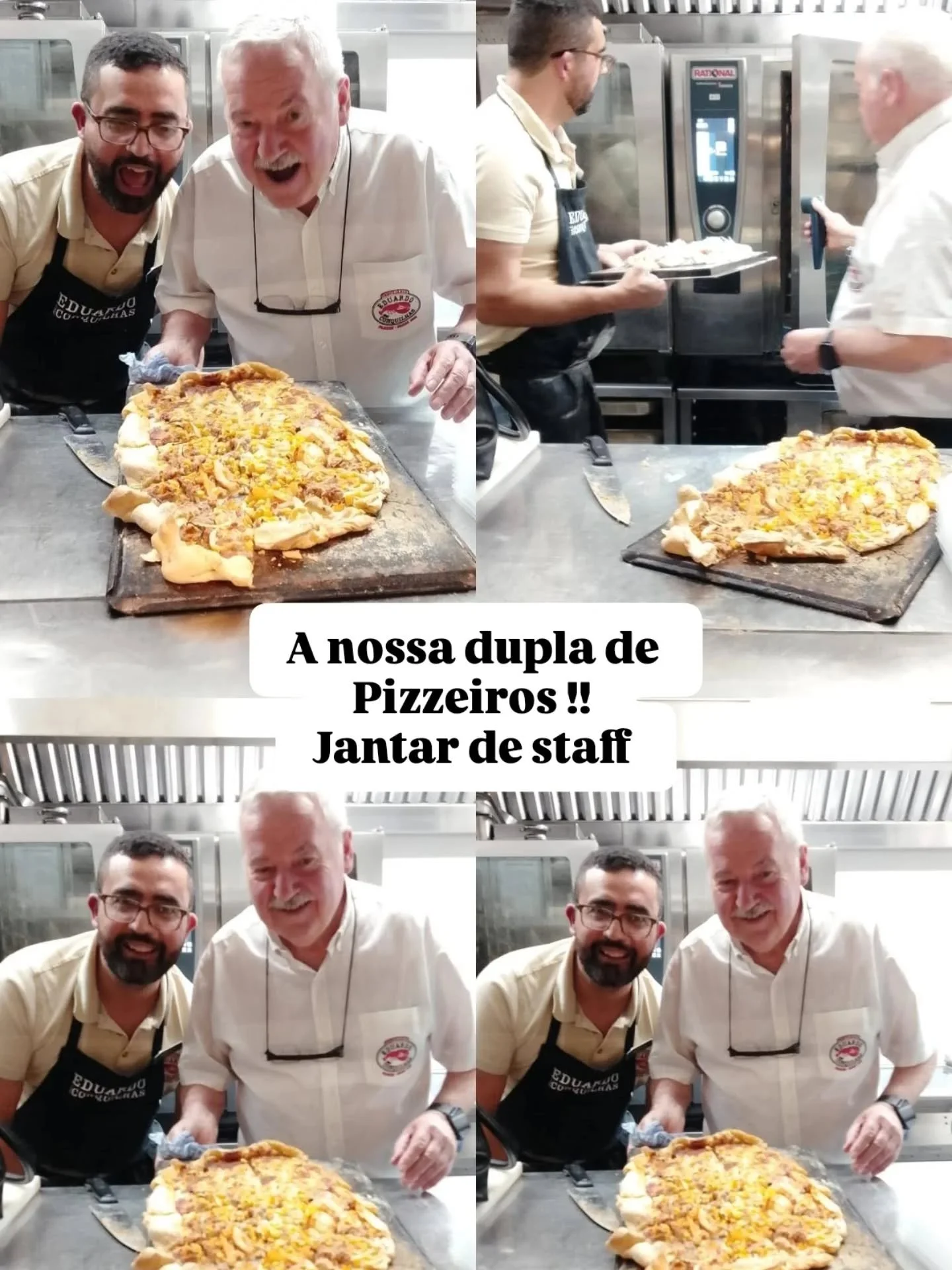 Os nossos jantares de staff s&atilde;o sempre animados ! 
Hoje tivemos um pizzeiro o nosso Carlos e um forneiro, nem sabemos se &eacute; essa a palavra, mas o nosso Tio Manel abriu e fechou a porta do forno, por isso tamb&eacute;m ajudou ! 
Este &eac