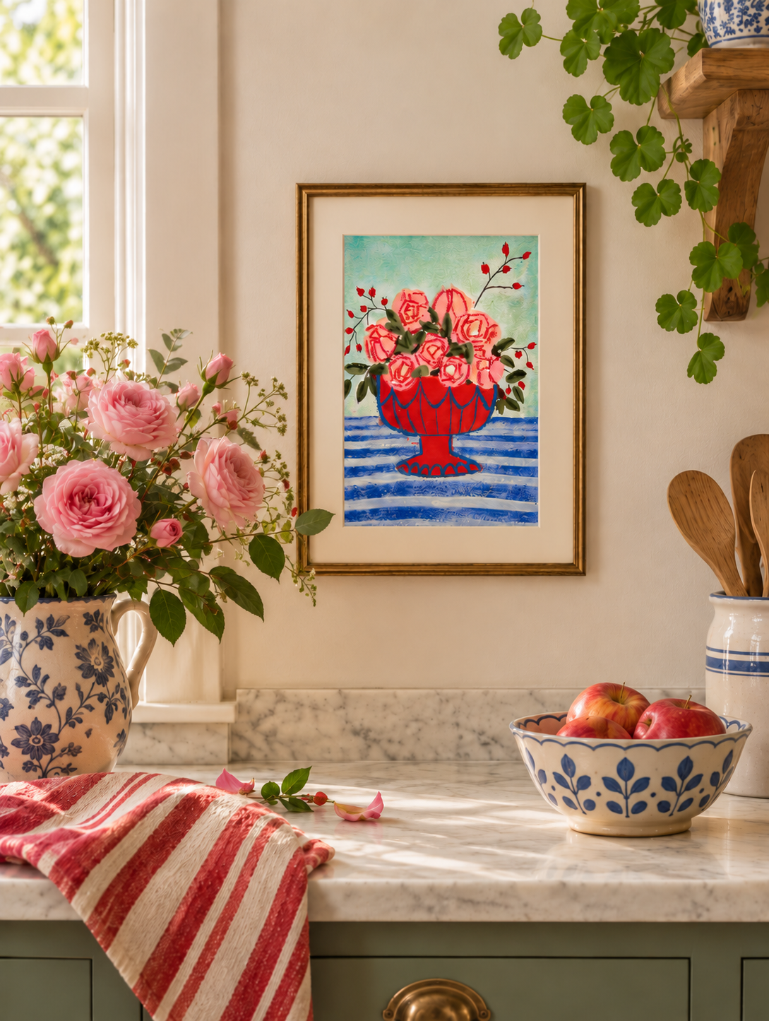 Sunlit Cottage Kitchen with Pink Roses.png