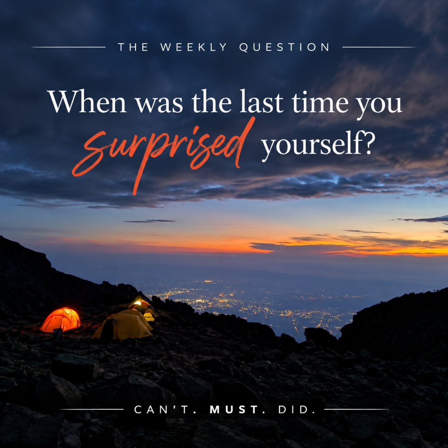 ✨ THE WEEKLY QUESTION

When was the last time you surprised yourself?

Sometimes we don't realize what we're capable of until we step outside our comfort zone and try something new.

Maybe you faced a fear, took a chance, learned something new, or ac