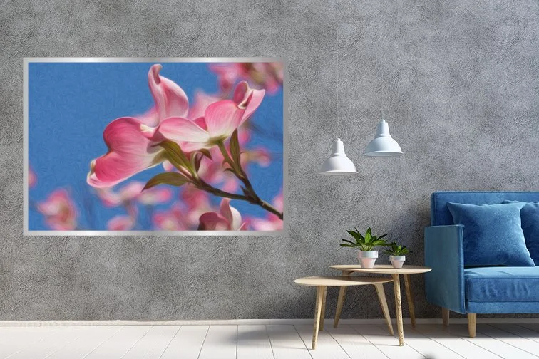 resonant art featuring pink cherry blossoms against blue sky in a residential setting