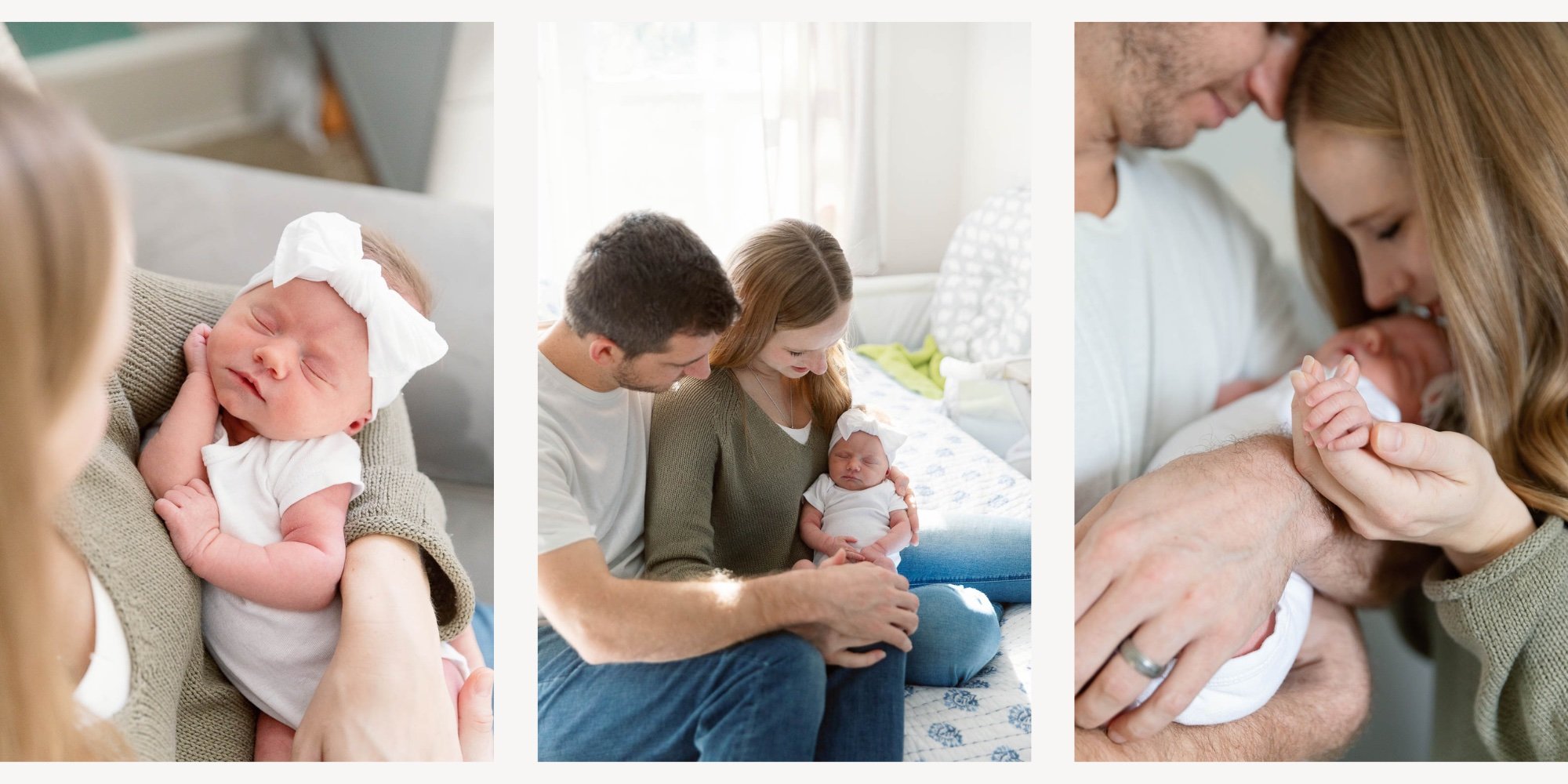 collage of newborn portraits in a home taken by Grace Creatives