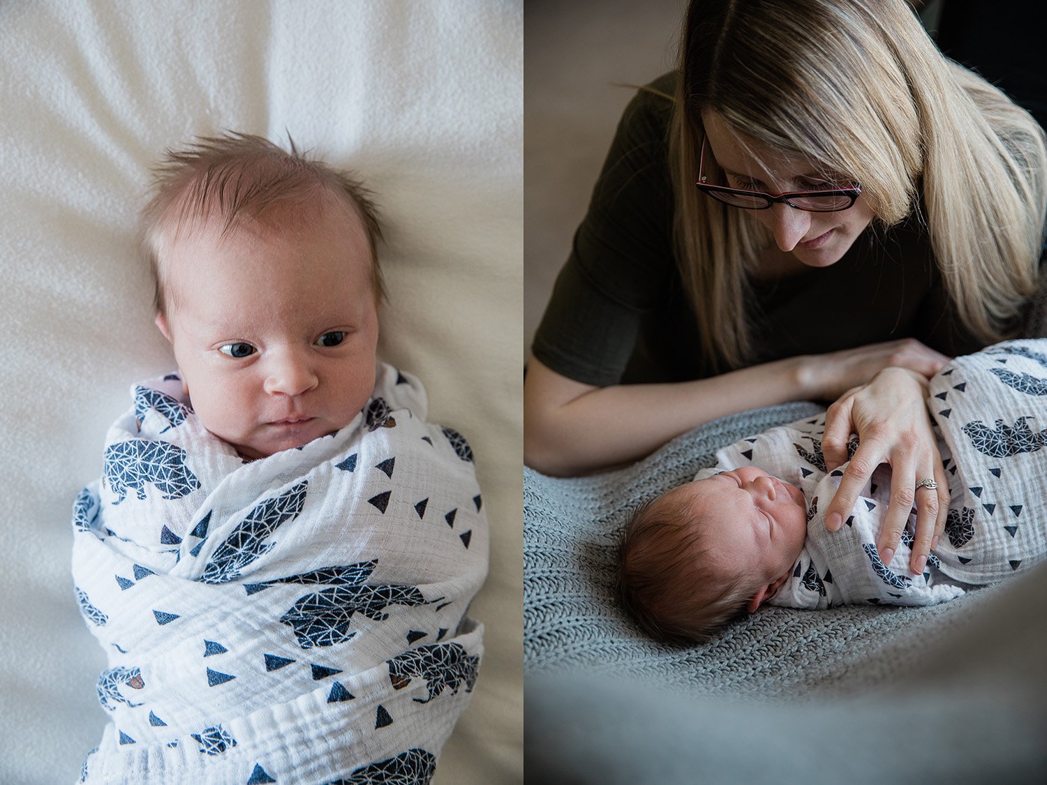 swaddled newborn baby and his mom