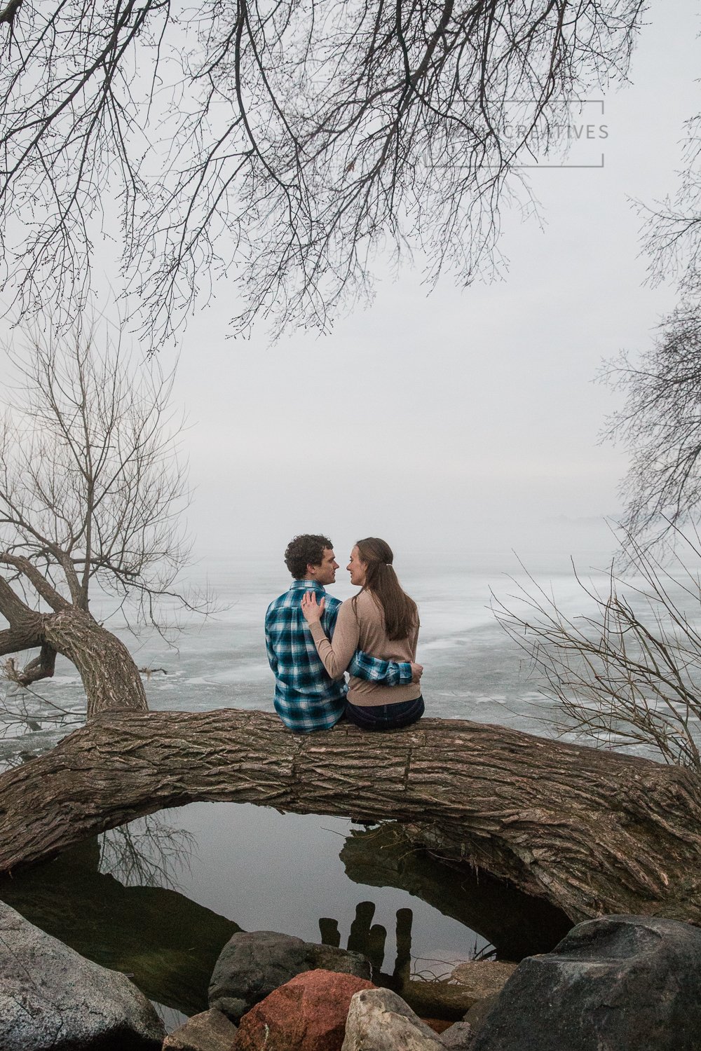 Engaged couple sitting on a tree branch over Lake Mendota at Picnic point