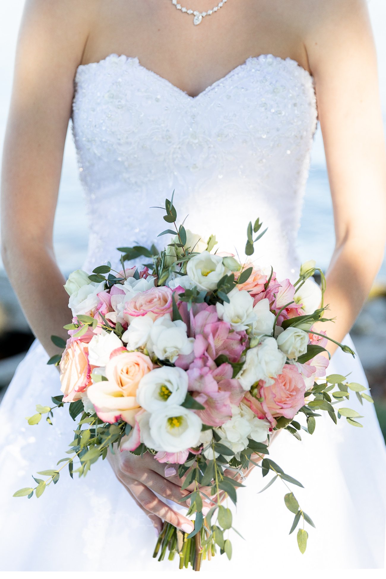 close-up of flowers and dress at Sheboygan summer wedding