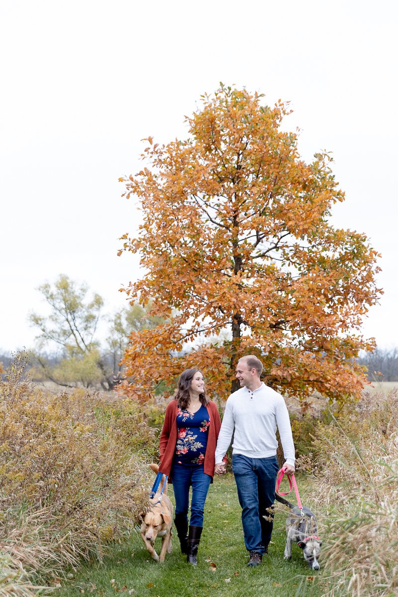Couple walking with their dogs in Fox Brook Park during a fall maternity session with Grace Creatives