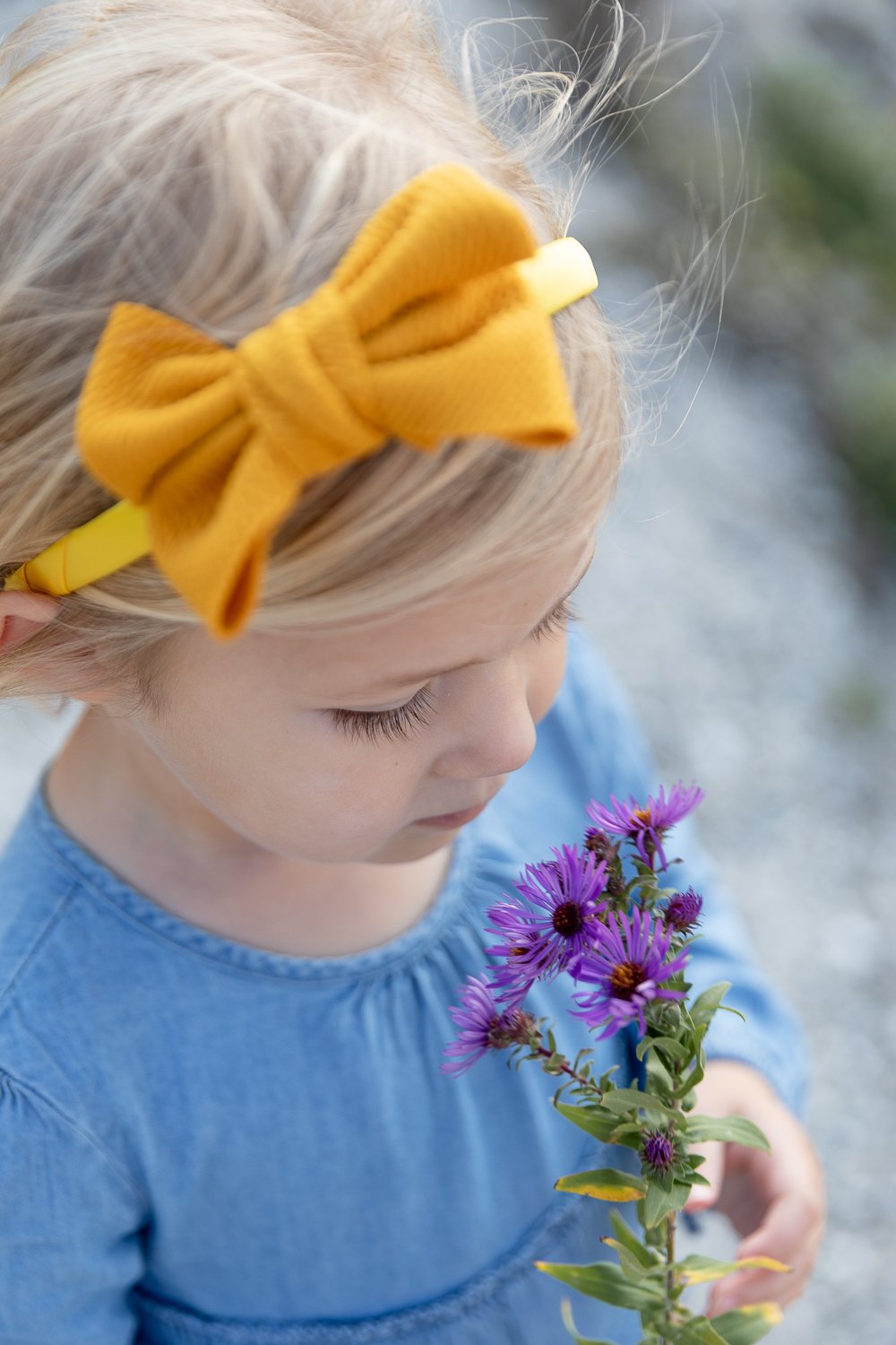  close-up of young girl sniffing a purple flower during a tosa fall mini session