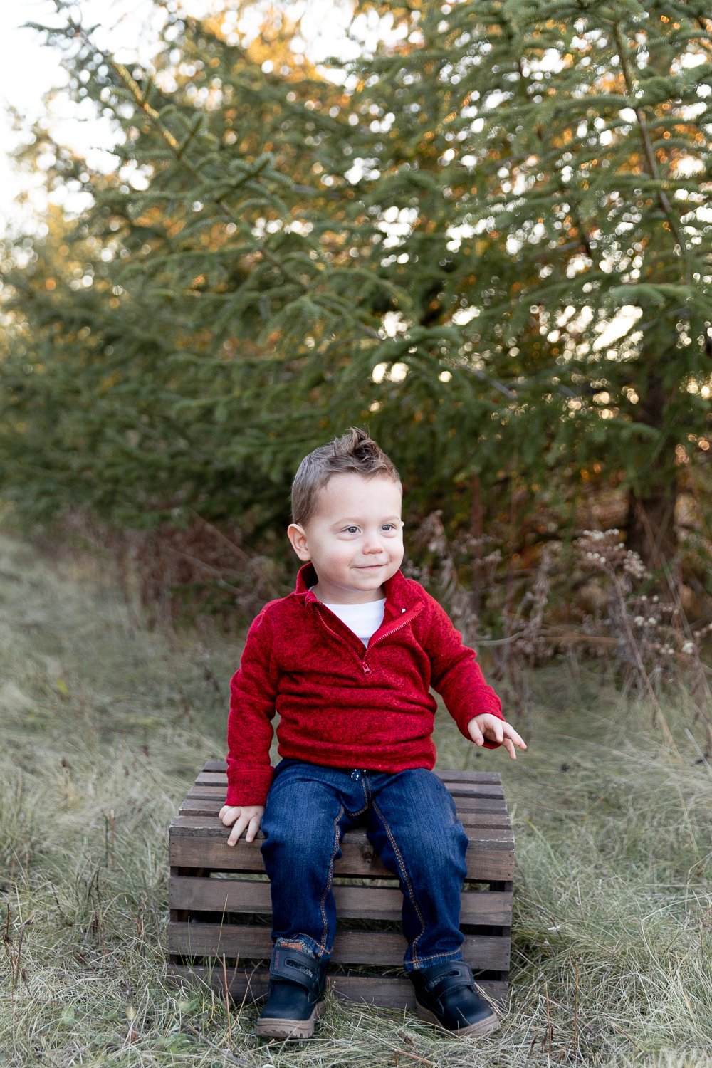 two year old sitting on a crate during winter family photo session