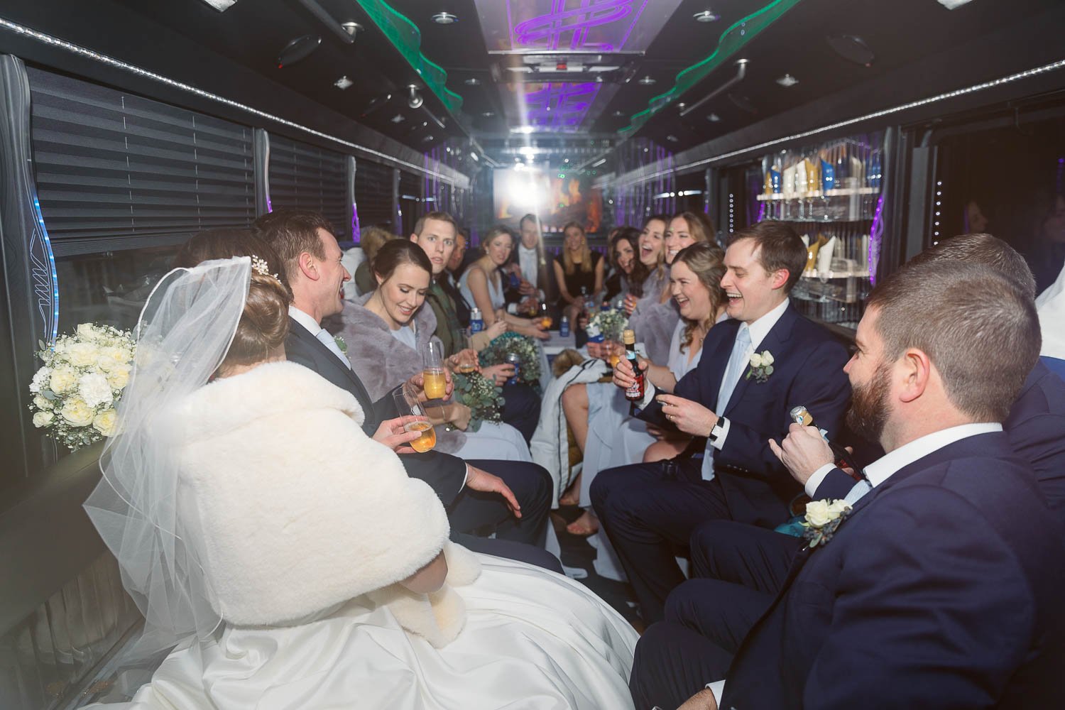 wedding party on party bus for Factory on barclay winter wedding