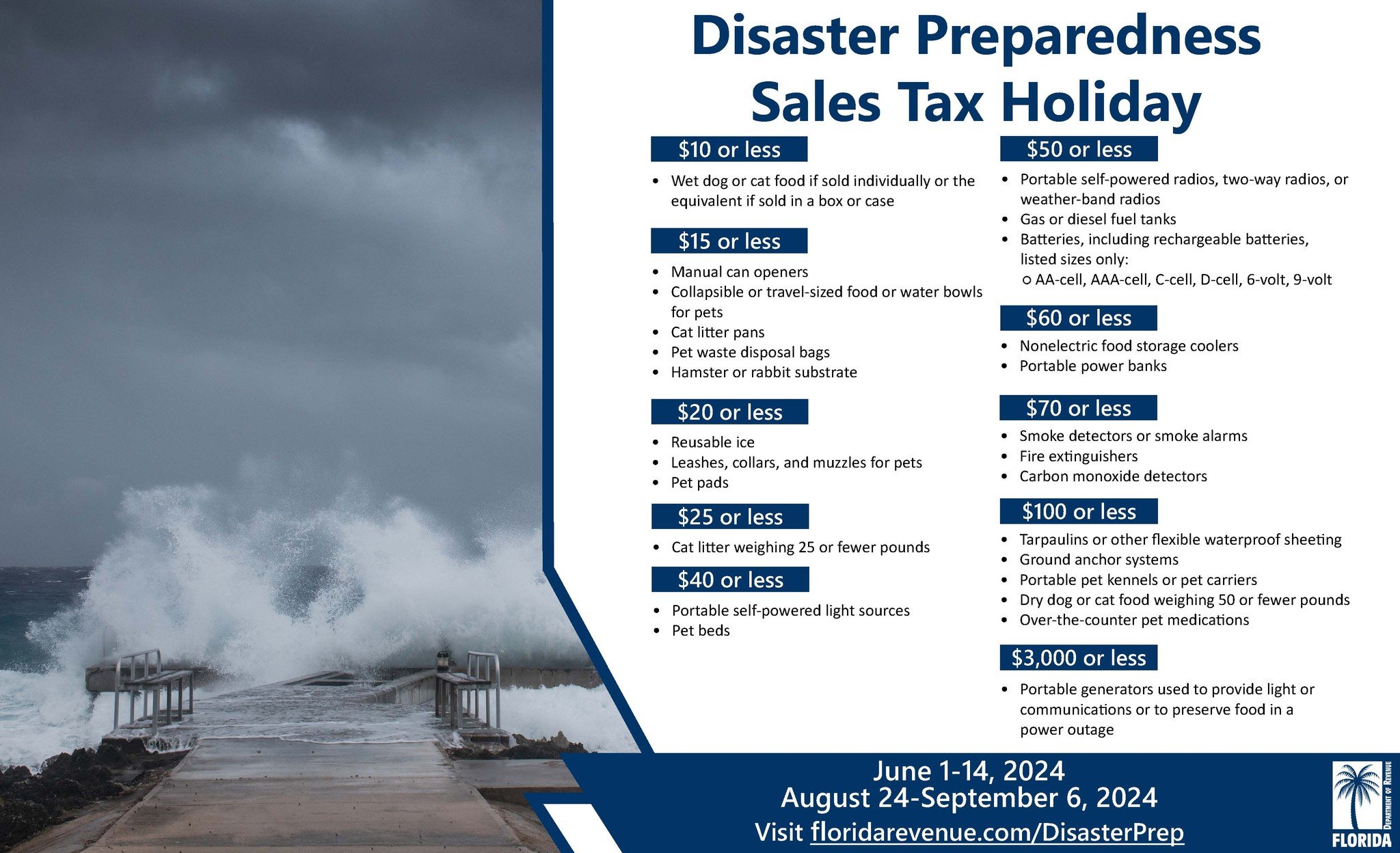 Florida&rsquo;s first 2024 Disaster Preparedness Sales Tax Holiday begins on Saturday, June 1, 2024, and ends on Friday, June 14, 2024.

A second Disaster Preparedness Holiday begins on Saturday, August 24, 2024, and ends on Friday, September 6, 2024