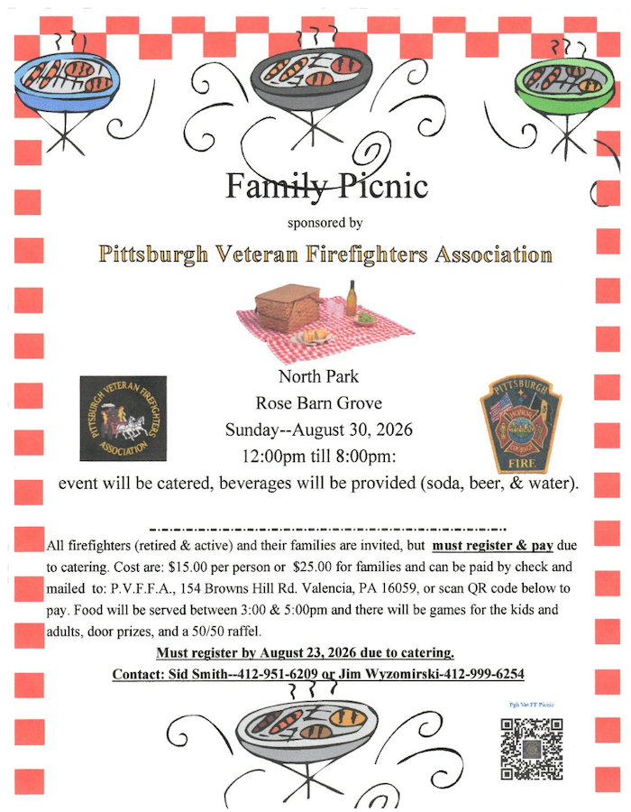 Join us for our family picnic sponsored by Pittsburg Veteran Firefighters Association and Sunday August 30th from 12 PM to 8 PM