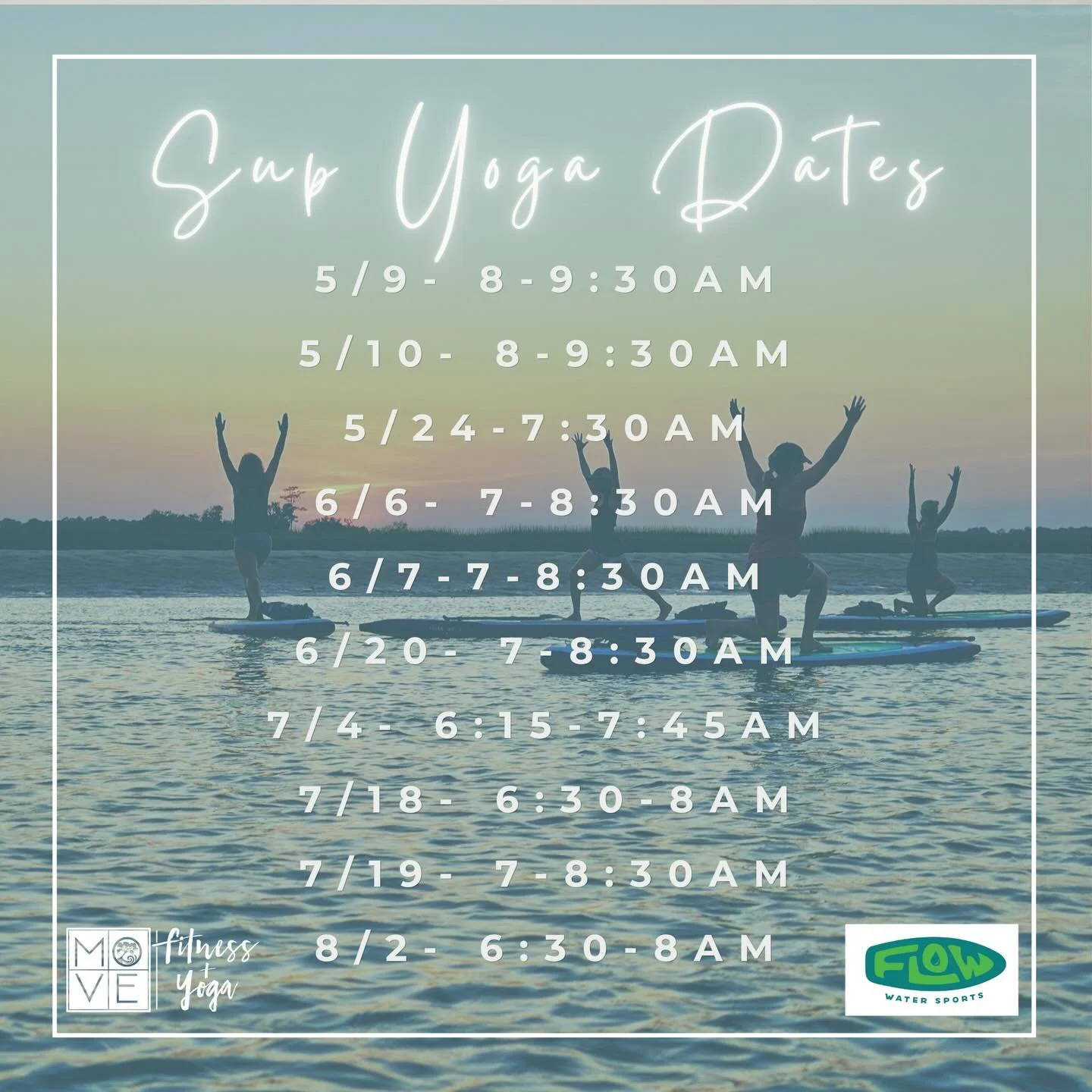SAVE &bull; THESE &bull; DATES 

Here it is! These are the dates for the 2026 Sup Yoga Season. These dates are carefully planned around creating the most ideal conditions for class, factoring in tides and wind predictions. 

We may add some overflow 