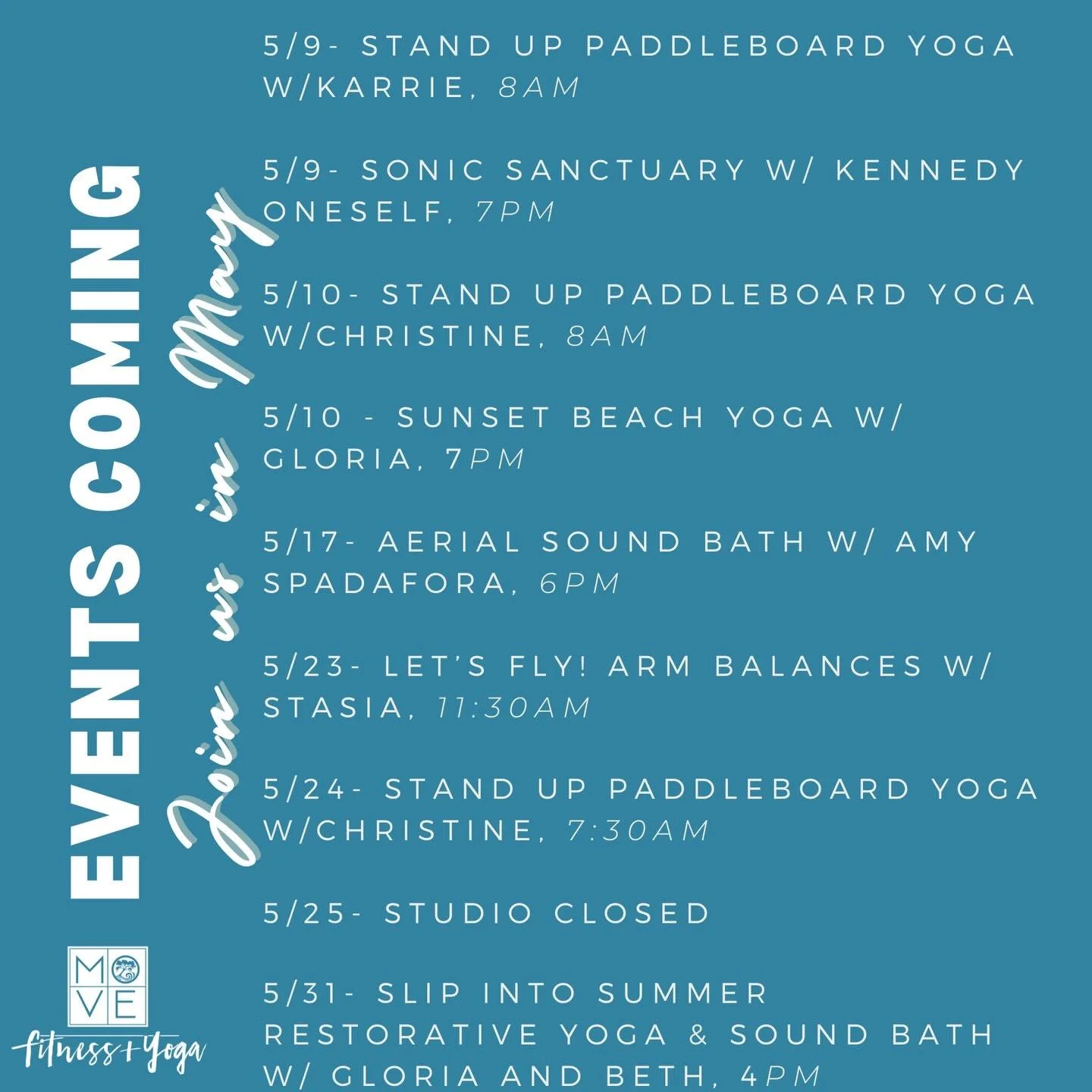 IT&rsquo;S GONNA BE MAY! 

We are so excited to kick off the beginning of our SUP season this month with a couple of classes right here on the May River. 

We are also welcoming back Kennedy Oneself for the most amazing vibrational journey guaranteed