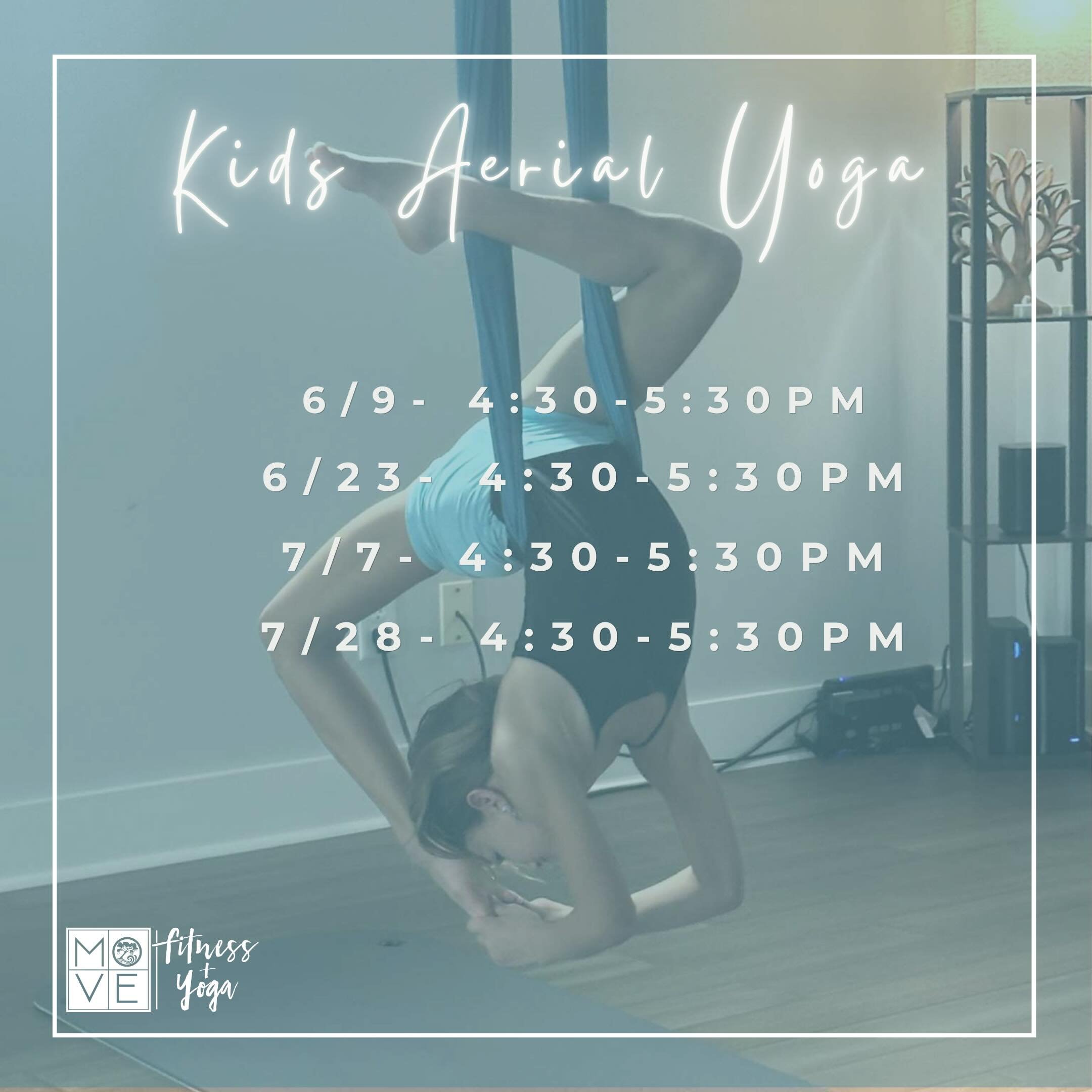 School is ending and we are excited to offer a number of pop up Kids only Aerial Yoga Classes this summer! Geared towards kids aged 10-15, these classes provide kids an opportunity to stretch, hang upside down, and try something new! No Aerial, dance