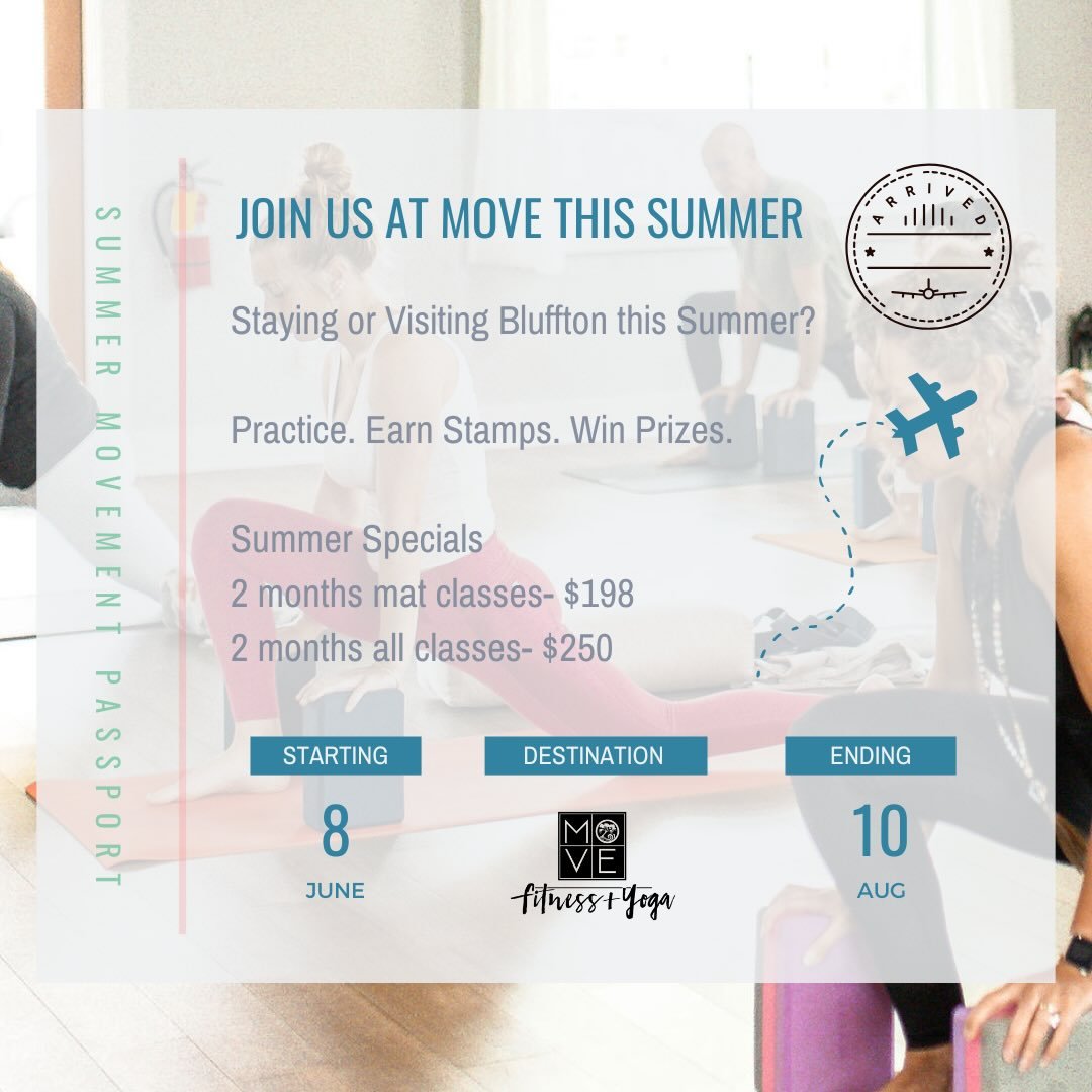 This summer grab your Summer MOVEment passport for destination: YOGA. 

It&rsquo;s simple: 

☀️Grab your passport next time you&rsquo;re at the studio
☀️ Register for classes and show up 
☀️ Place a sticker on each &lsquo;destination&rsquo; 

Starts 