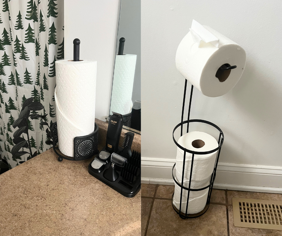 Two paper towel holders, one on a kitchen counter and one on a floor stand, both with rolls of toilet paper.