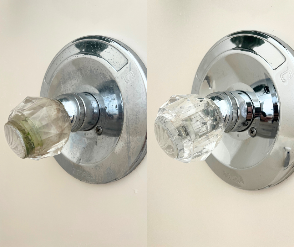 Before and after images of a shower faucet handle, showing a switch from a worn-out, cloudy handle to a new, clear, refurbished handle.