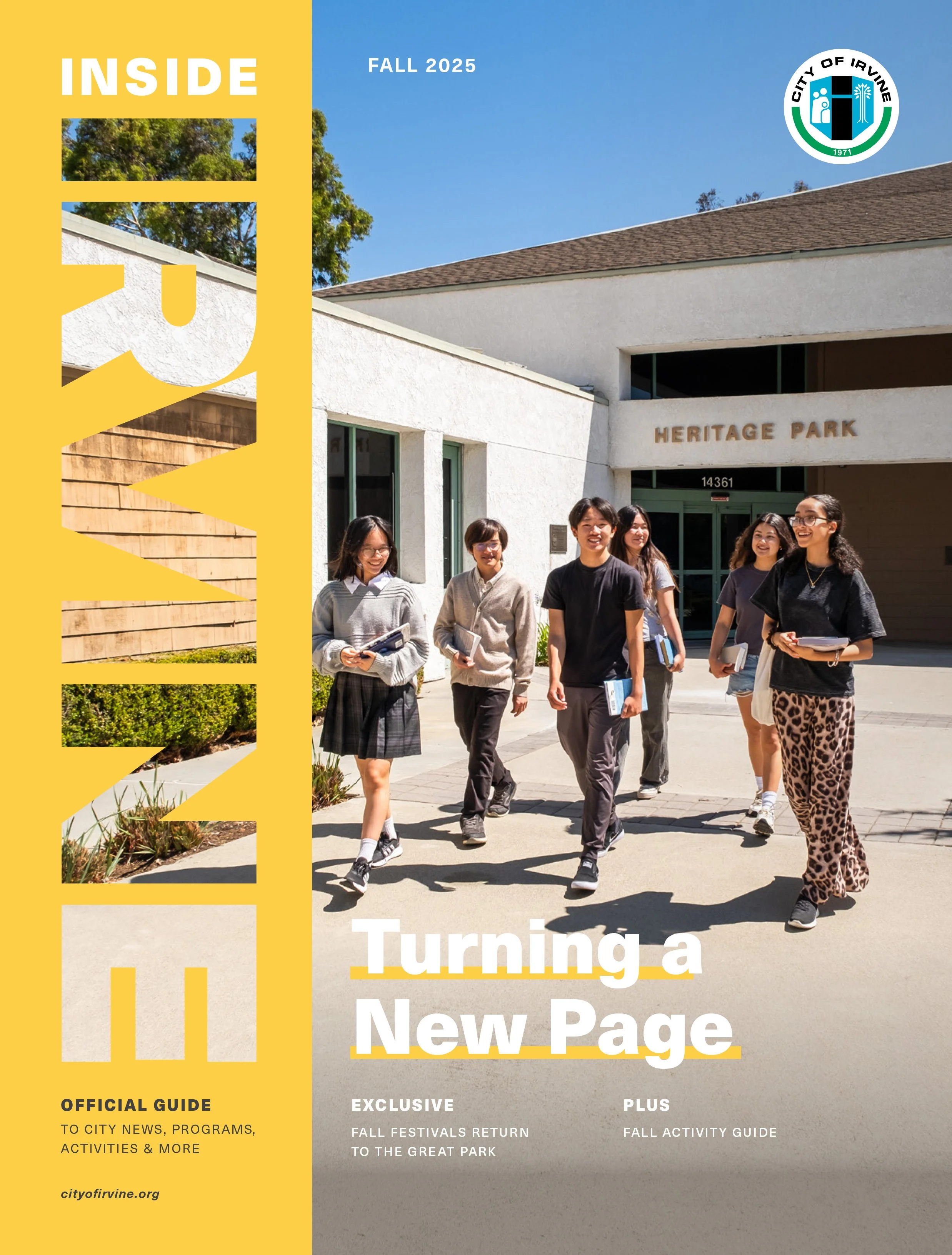 A group of six diverse students walking out of Heritage Park school building with notebooks, under clear blue sky, on a sunny day.