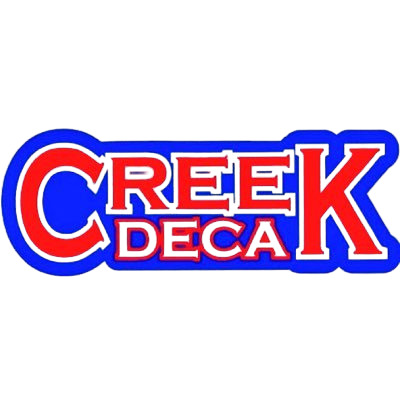 Logo with the text "CREEK DECK" in large red letters outlined in blue on a black background.