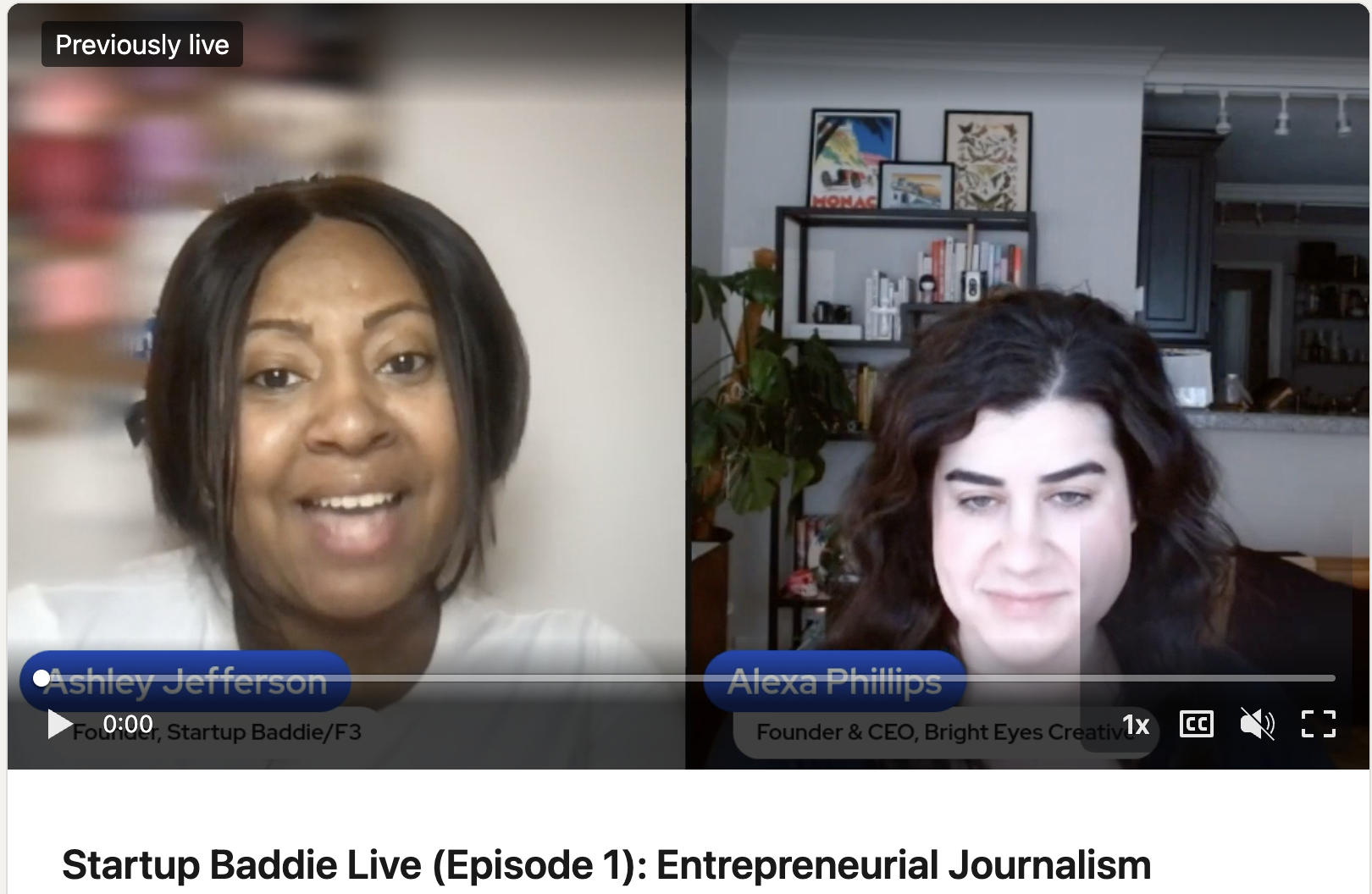 Split-screen video call featuring Ashley Jefferson on the left and Alexa Phillips on the right. Ashley Jefferson has short black hair, is smiling, and appears to be speaking. Alexa Phillips has dark curly hair, is looking down, and has a neutral expression. Backgrounds include a blurred interior with shelves and artwork.