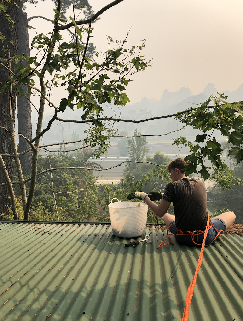 Clearing leaves from gutters during the 2019–20 Black Summer bushfires