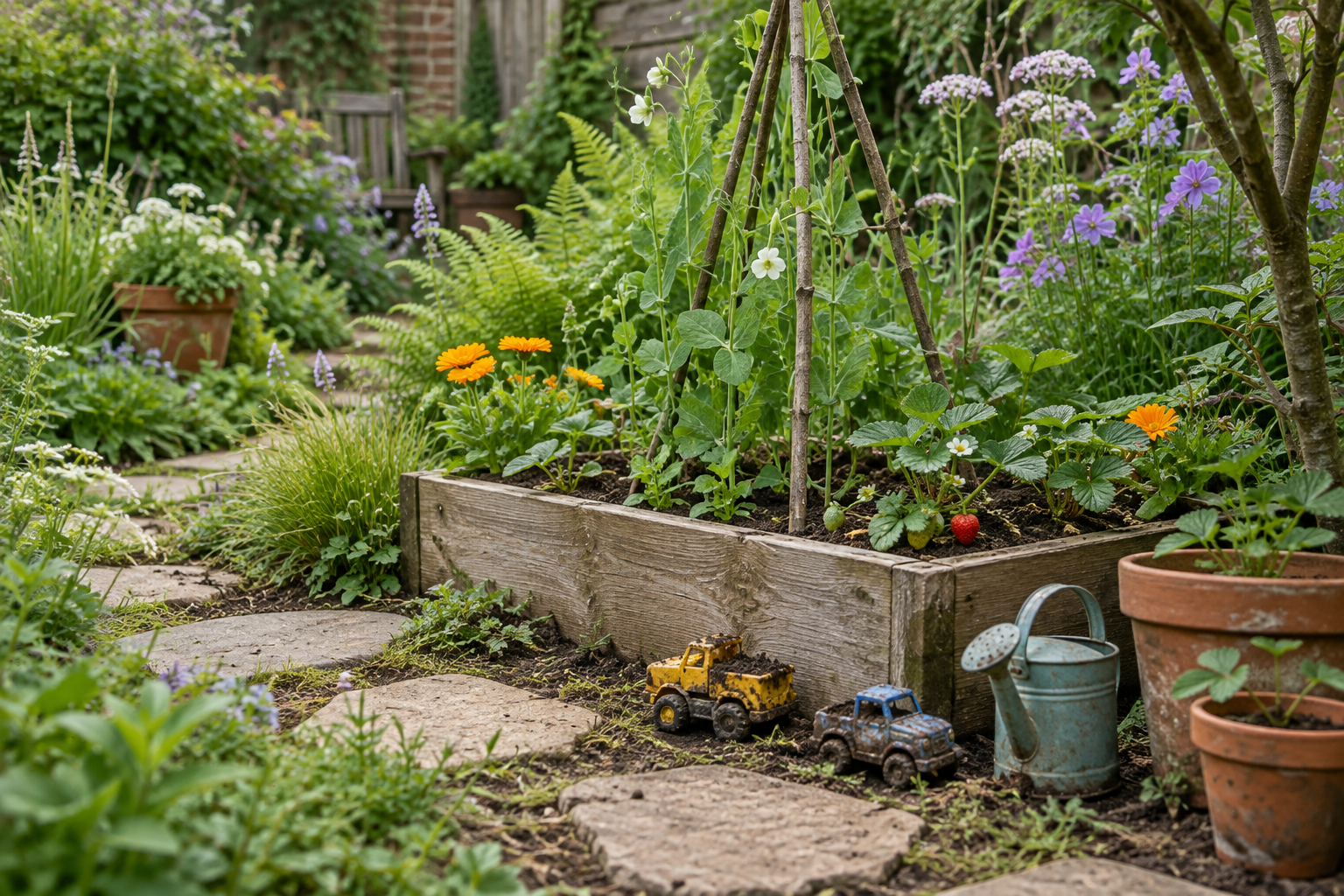 Small raised garden bed with strawberries, climbing plants, toy trucks and a child-sized watering can.
