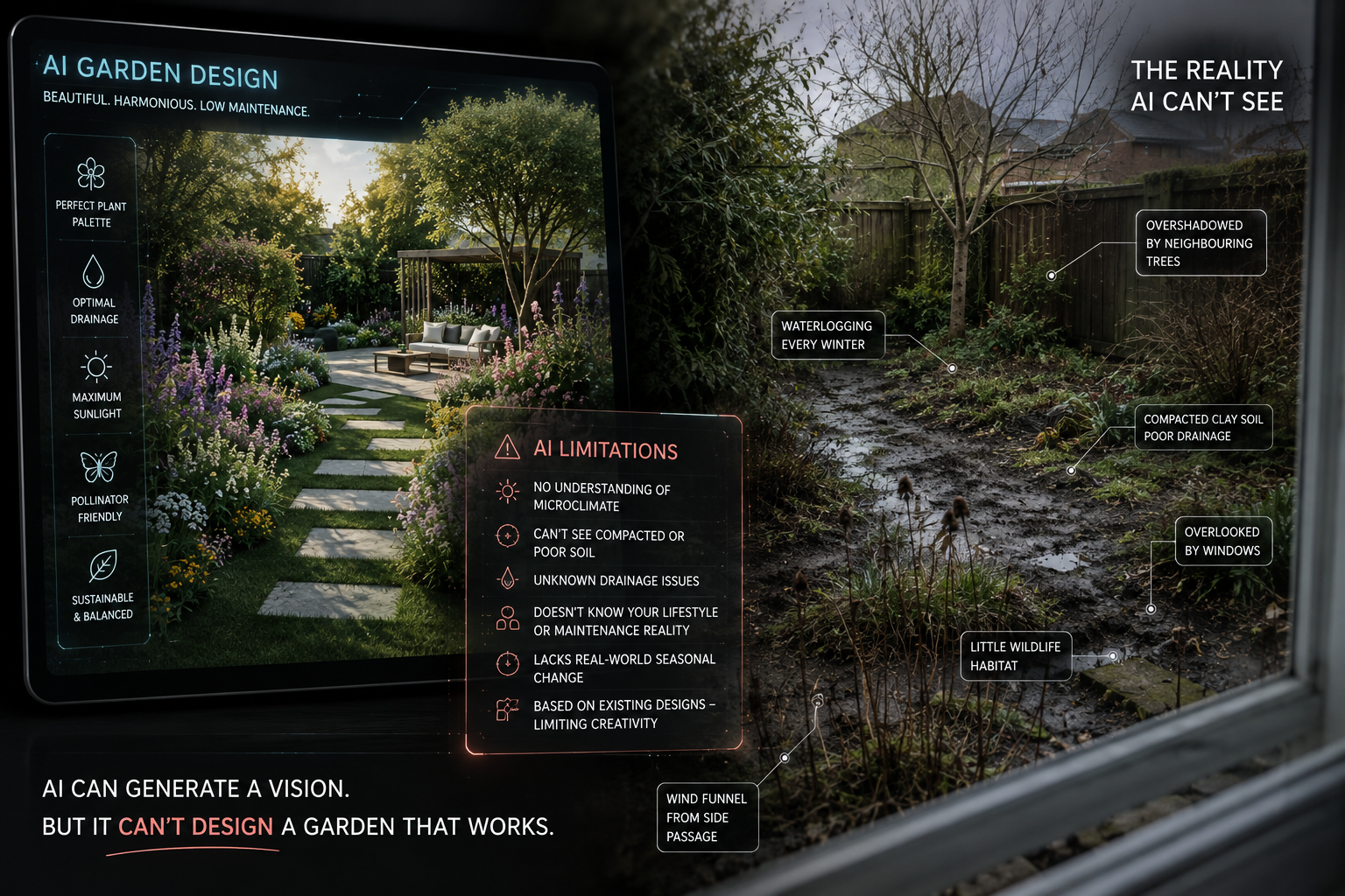 AI garden design compared with real garden conditions including waterlogged soil, shade, poor drainage and neighbouring trees.