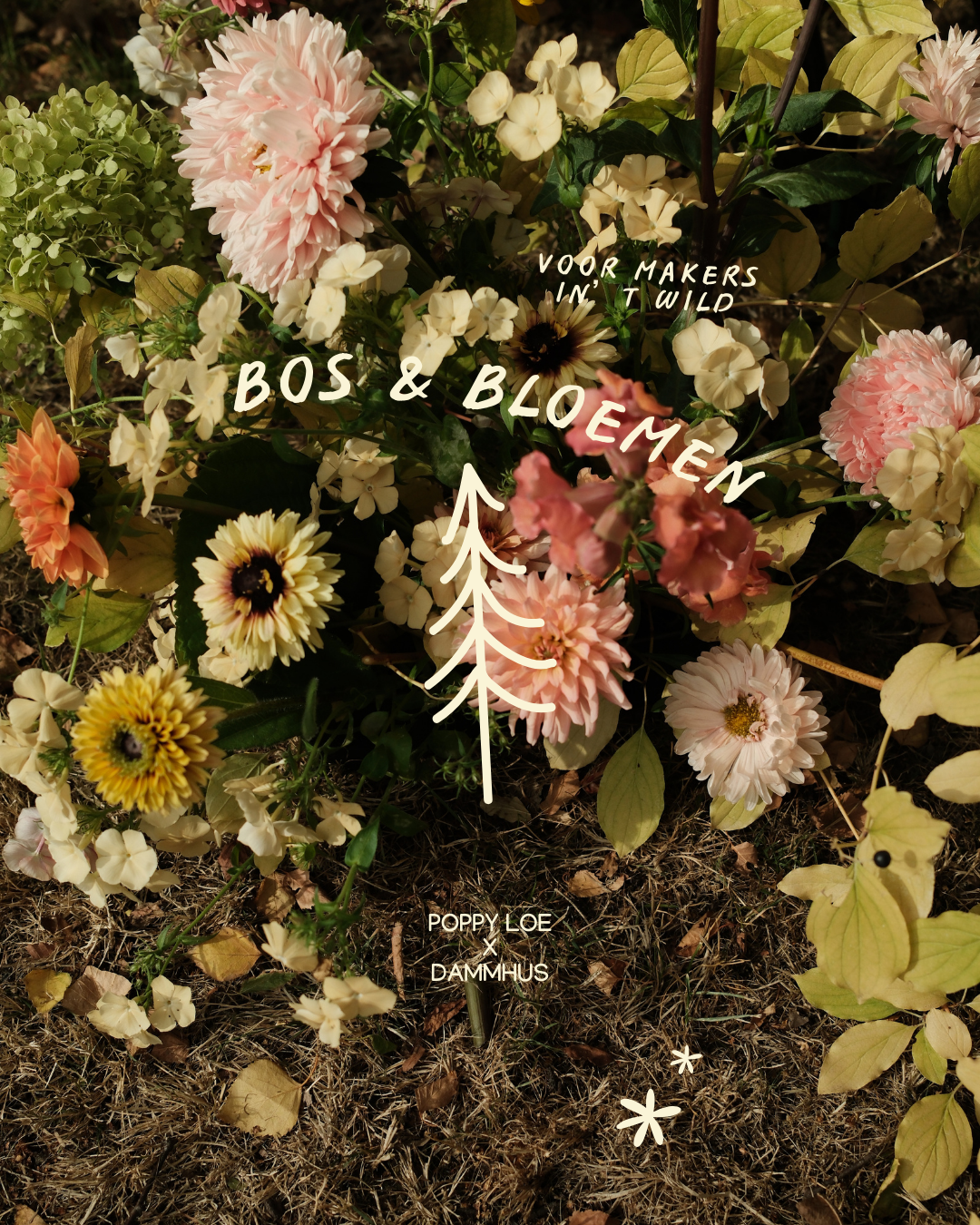 Een bloemrijke tuinbed met diverse bloemen en bladeren, met witte tekst en illustraties over bloemen en bomen.