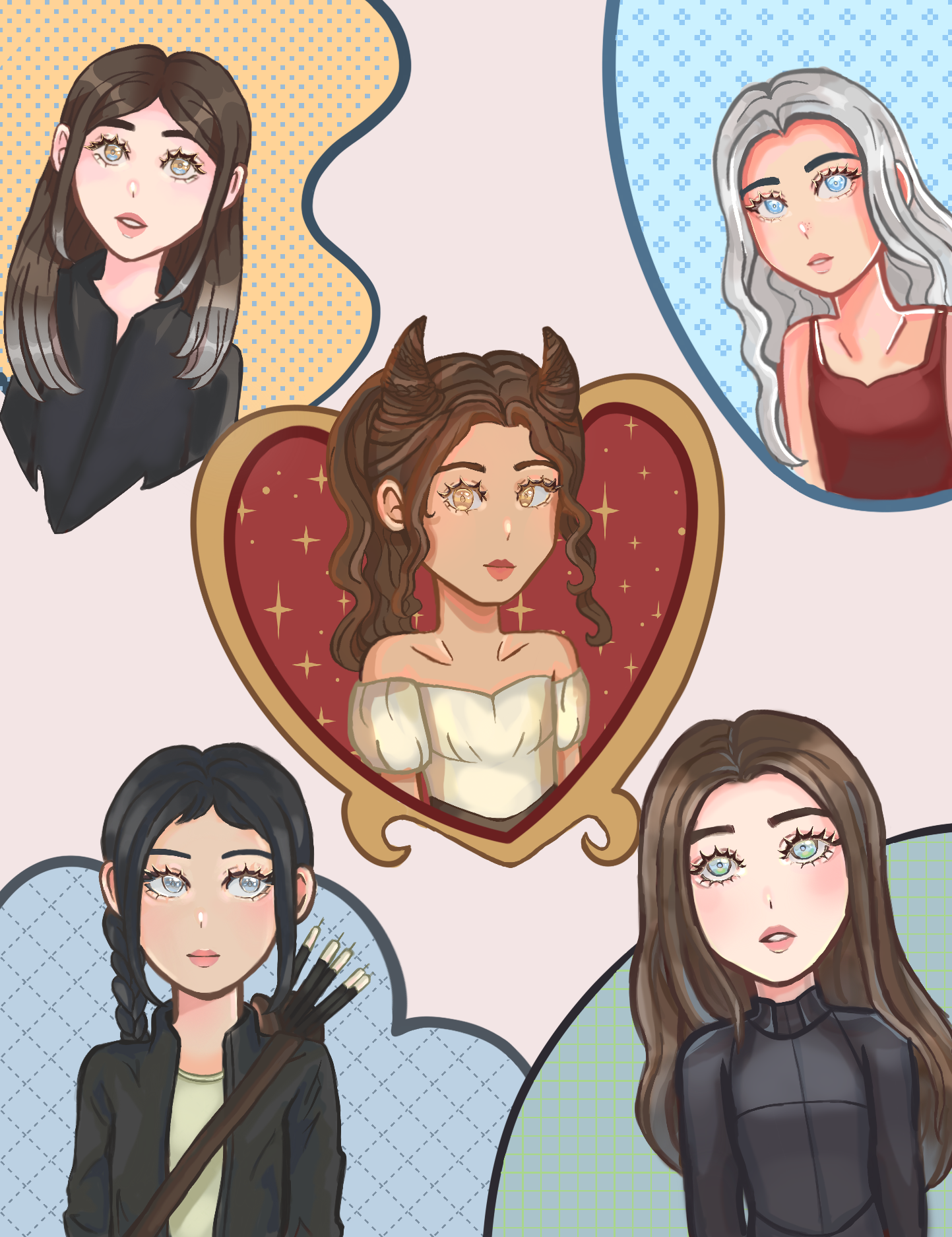 Illustration of five women in different costumes with anime-style features, each surrounded by different patterned backgrounds.