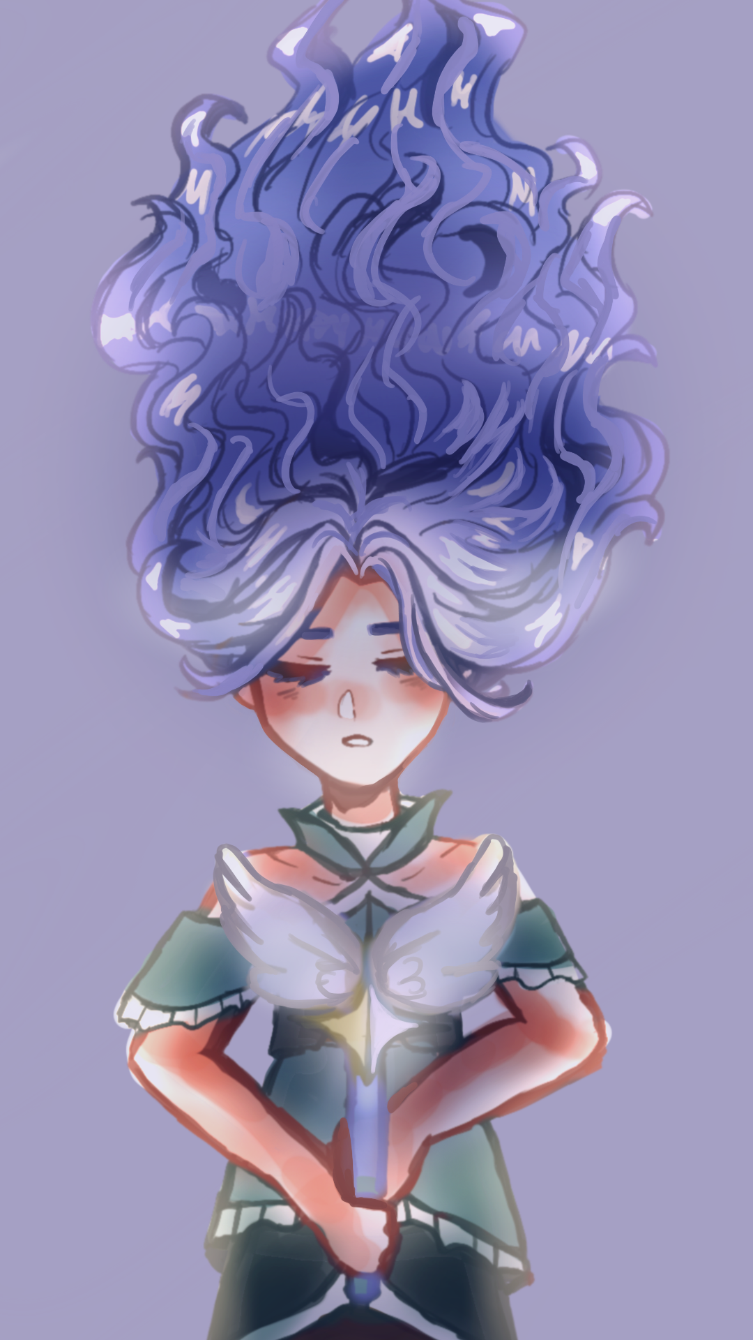 A digital drawing of a character with purple hair that looks like flames, closed eyes, and a peaceful expression. The character is holding a sword with a white, wing-like design on the hilt and is wearing a green and white outfit.