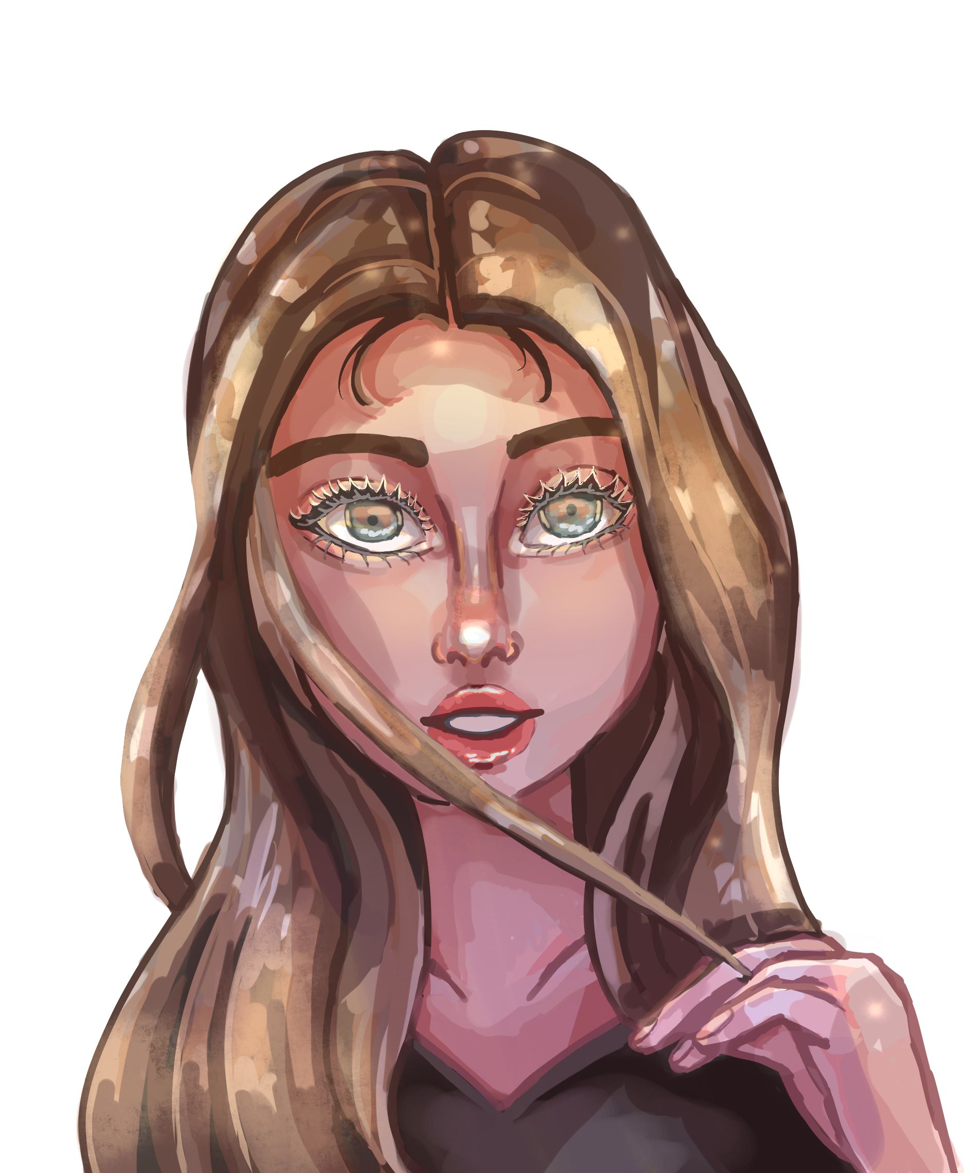 Digital illustration of a woman with long brown hair, large expressive eyes, and makeup, holding a strand of hair with her hand.