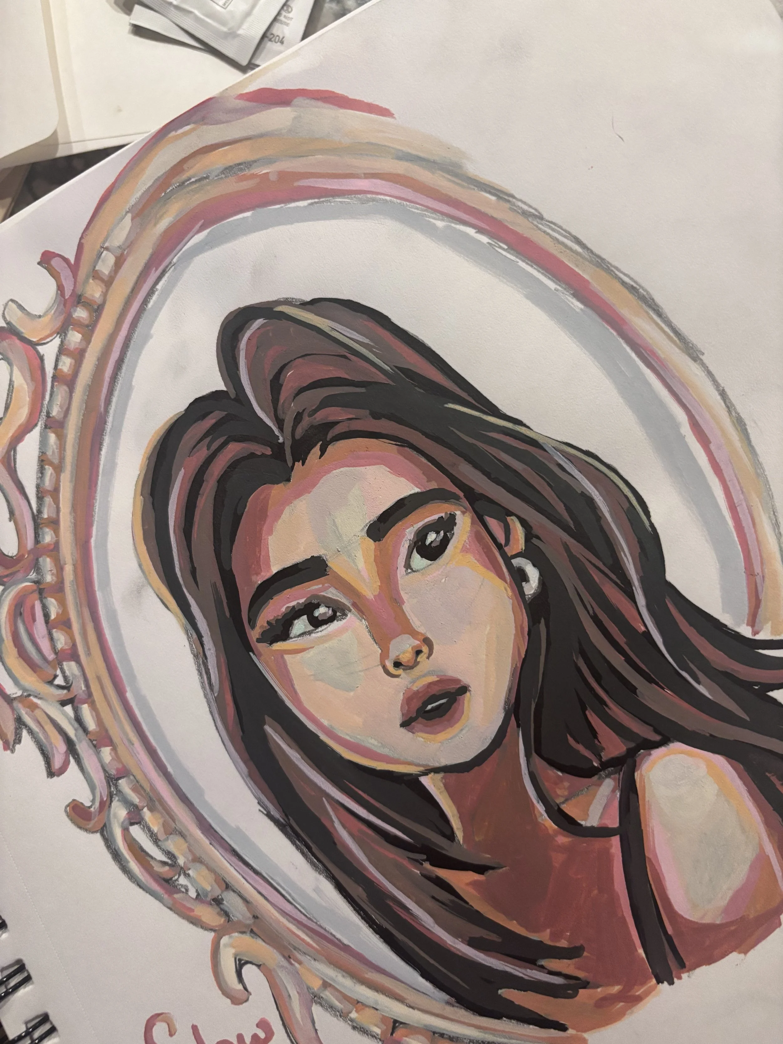 Painted portrait of a young woman with long dark hair, looking to the side, surrounded by ornate decorative elements.