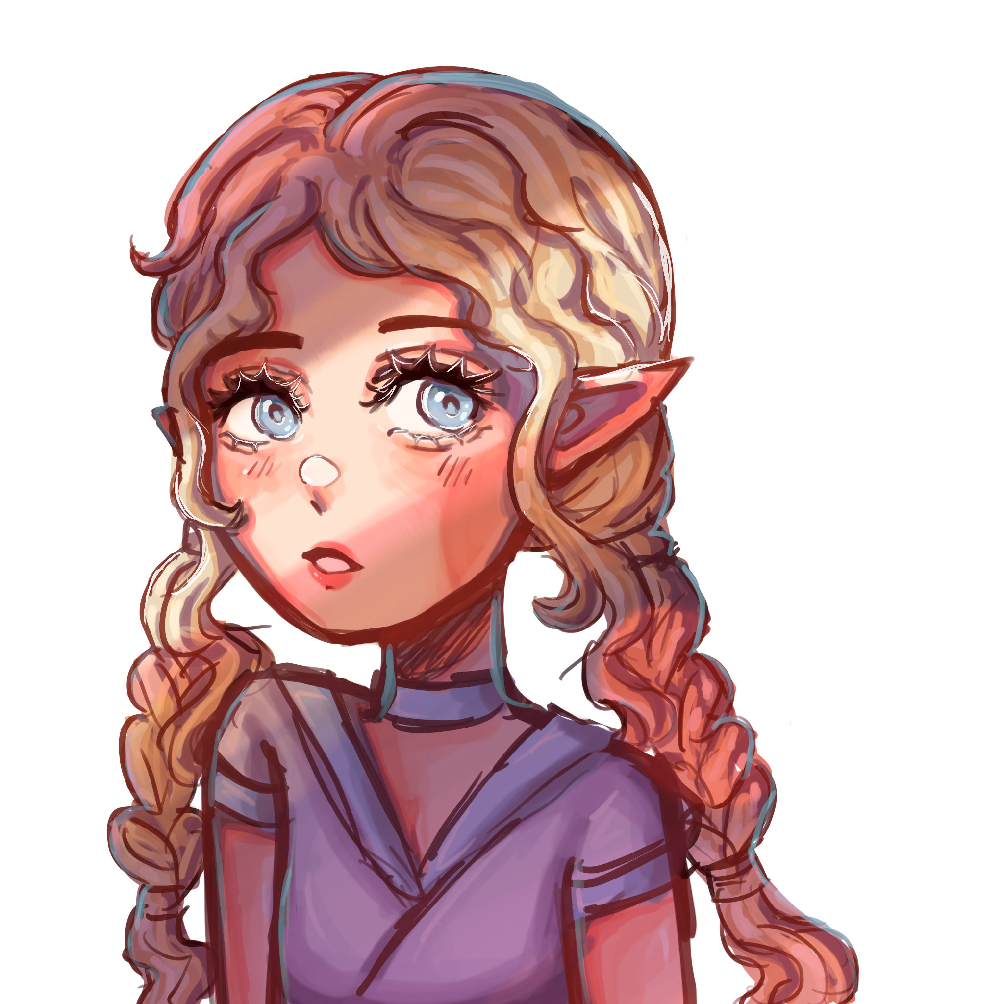 Digital illustration of a fantasy character with blonde, curly hair, pointed elf ears, and blue eyes, wearing a purple top.