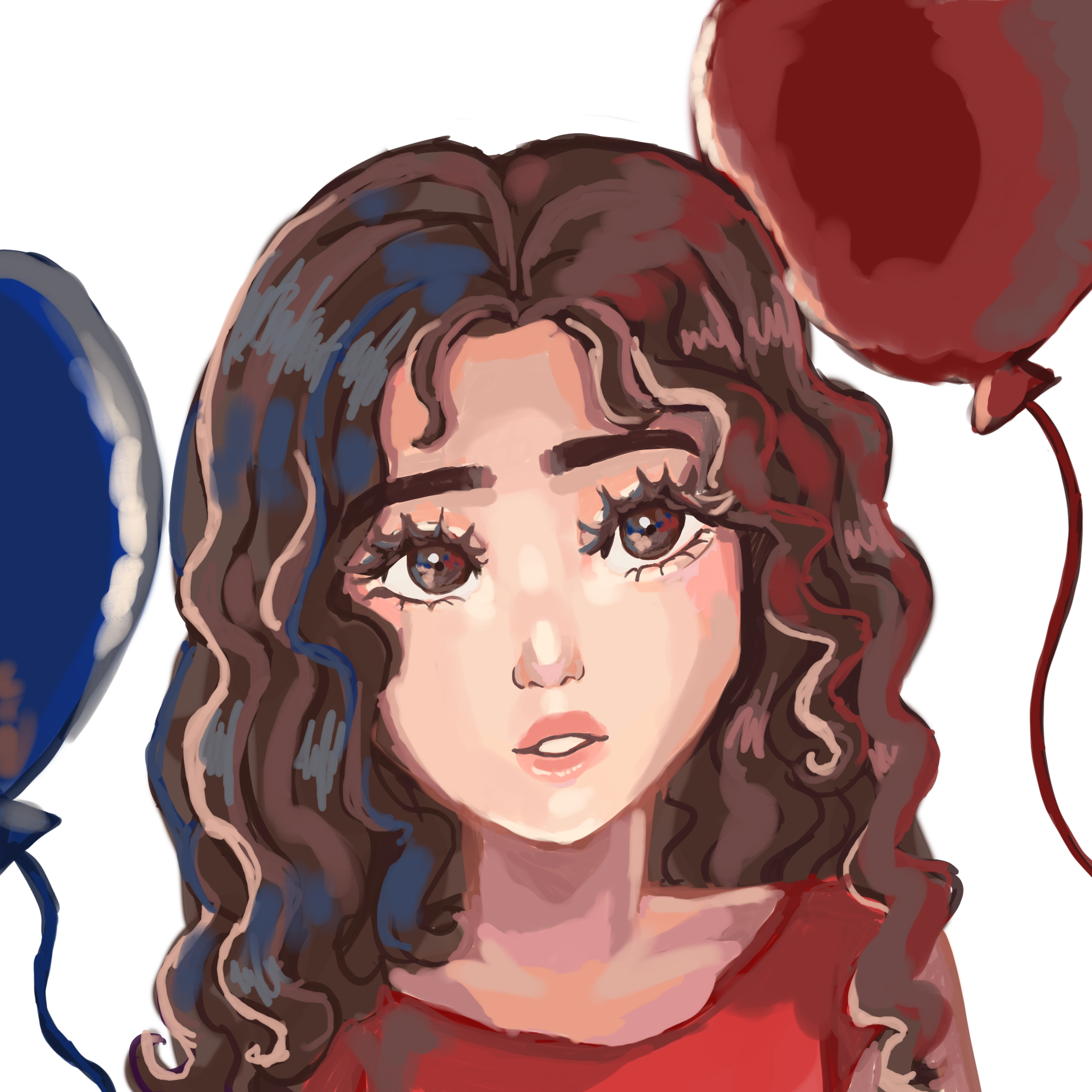 Digital illustration of a young girl with big eyes, wavy brown hair with blue streaks, wearing a red top, holding a red balloon on the right, and a blue balloon on the left.