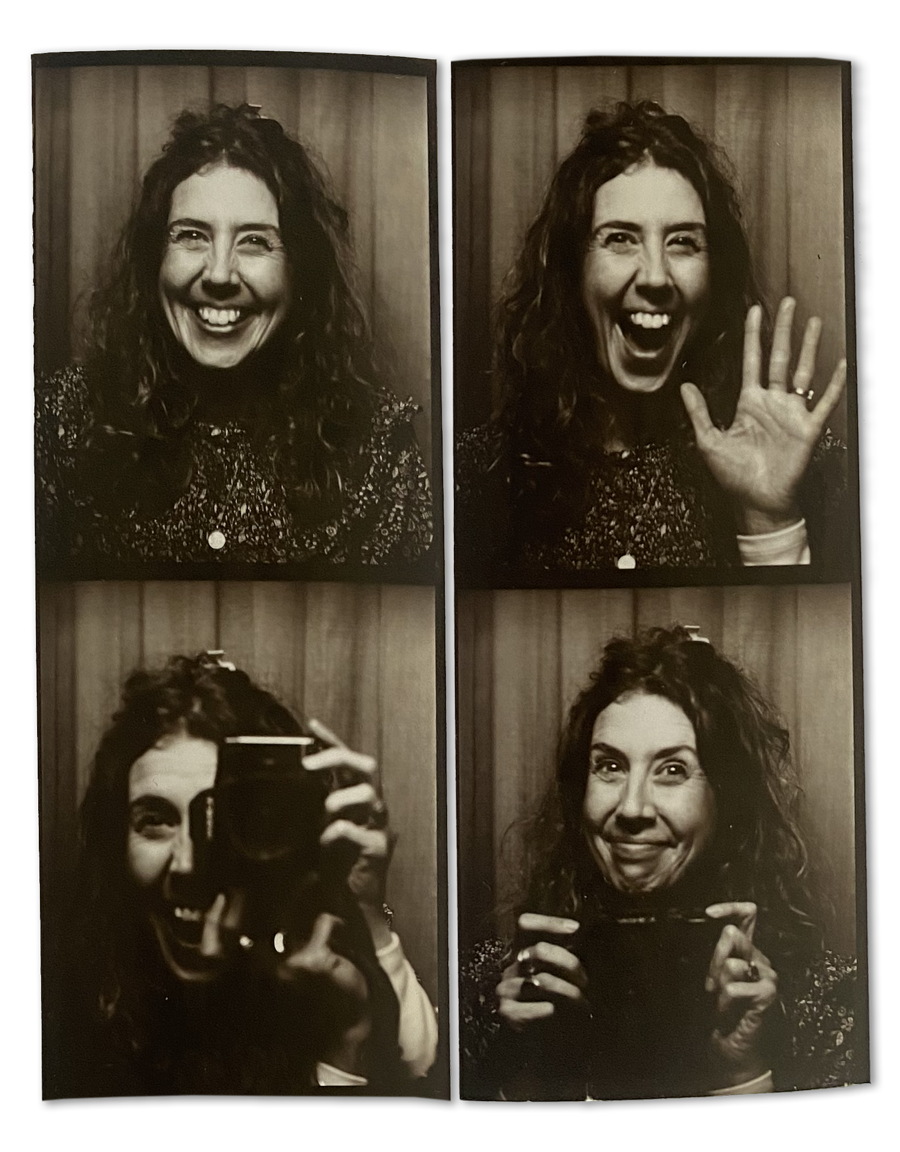 Four sepia-tone photobooth pictures of a woman with curly hair making funny faces and holding a camera.