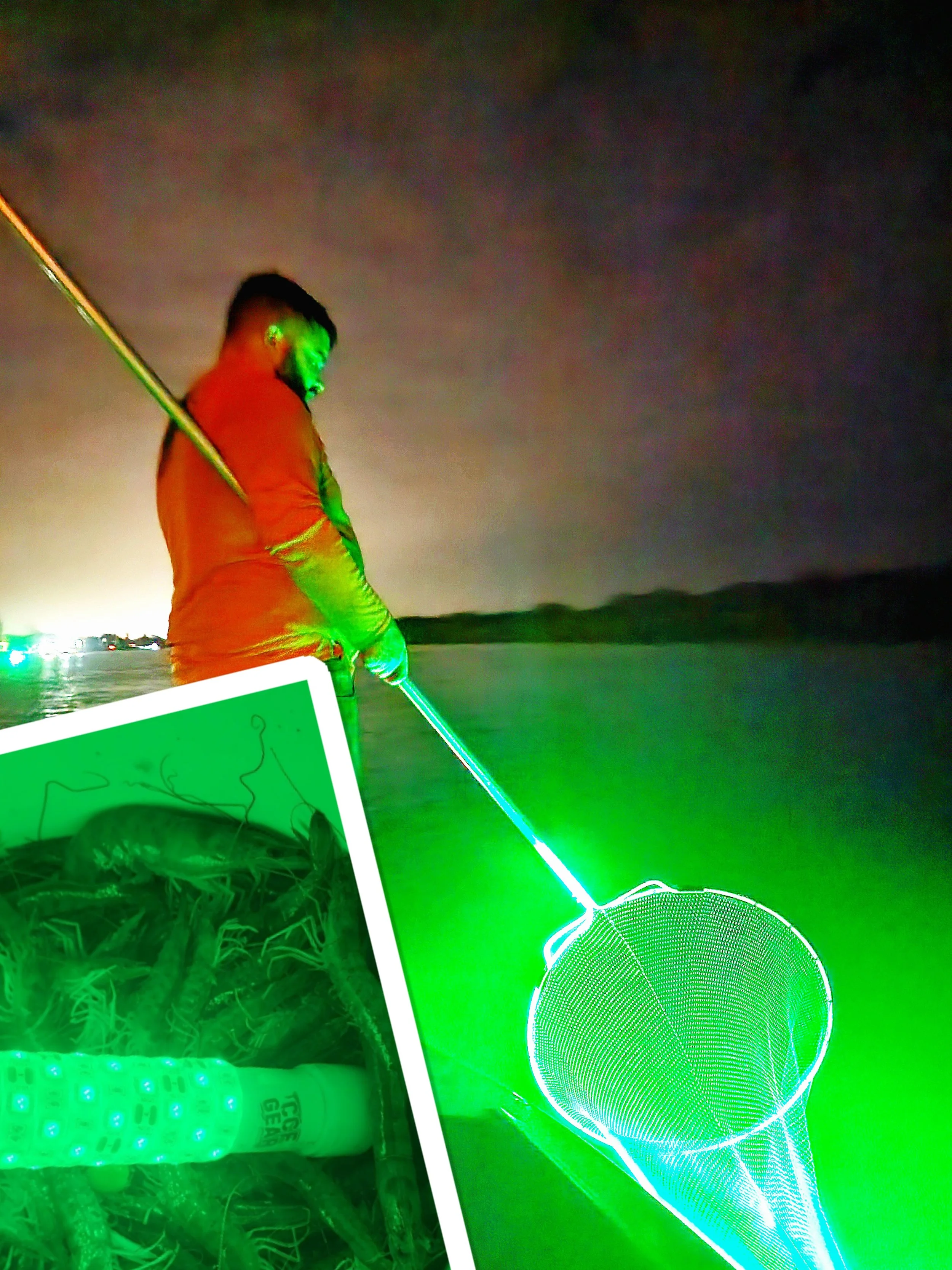 A person on a boat at night holding a fishing net with green LED lights, with an inset image showing sea creatures, possibly lobsters or similar seafood, and a glowing LED flashlight.