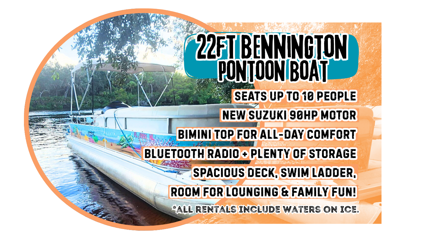 A photo of a pontoon boat on a lake with trees in the background, advertising a 22-foot Bennington pontoon boat with features listed.