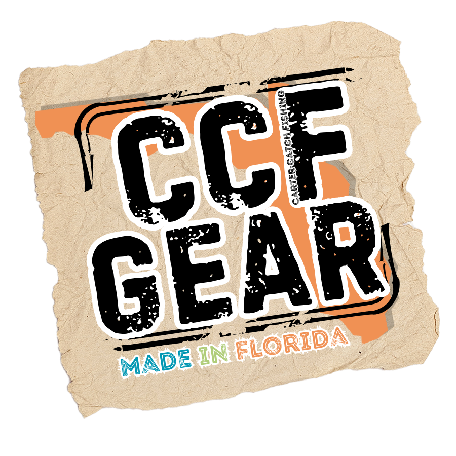 A torn piece of paper with the words 'C.C. Fish Gear' in bold, distressed black lettering, a small fishing rod graphic, and the phrase 'Made in Florida' in blue, green, and orange text.