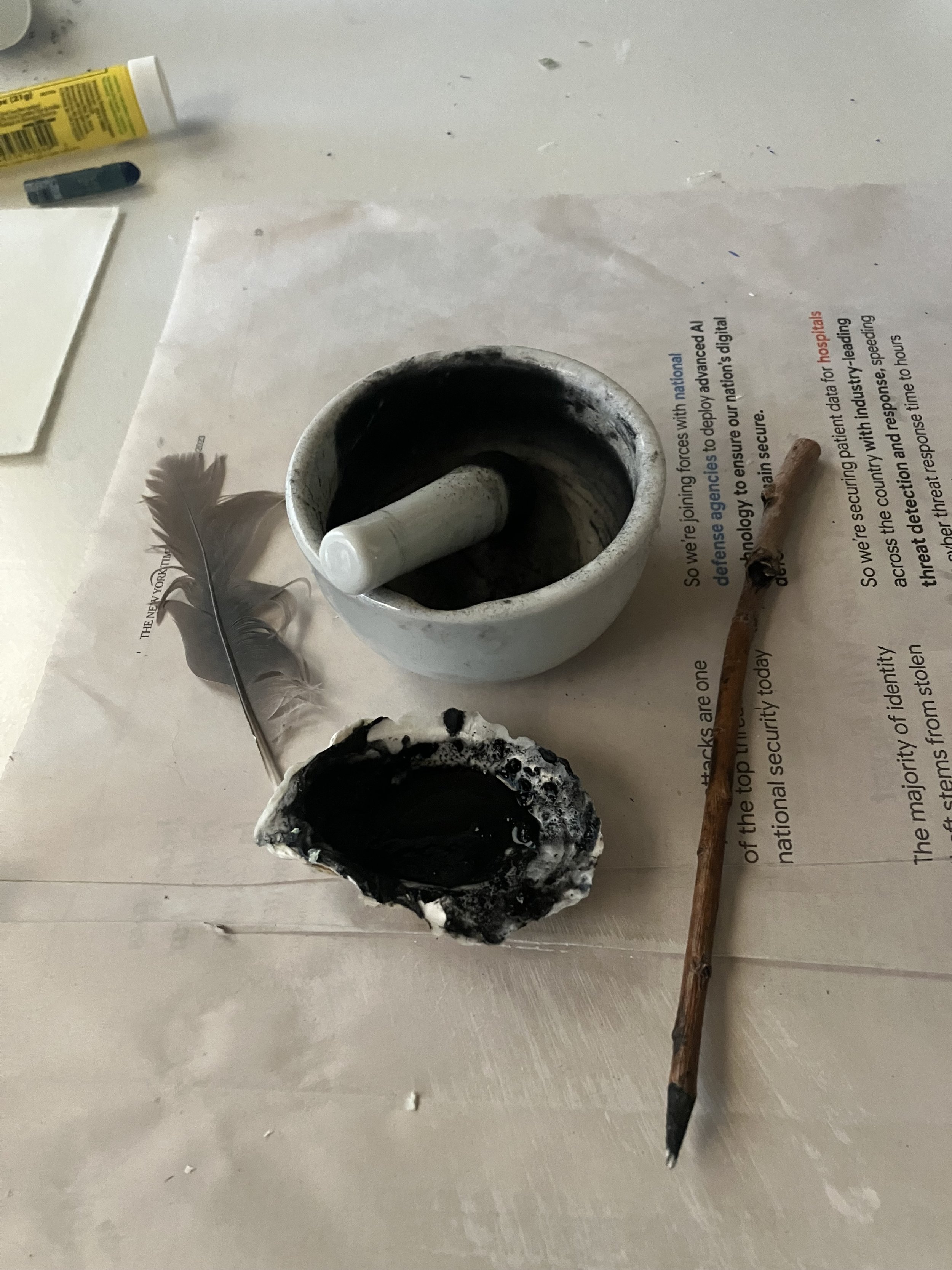  Ground willow charcoal mixed with water and binder (honey) to make ink 