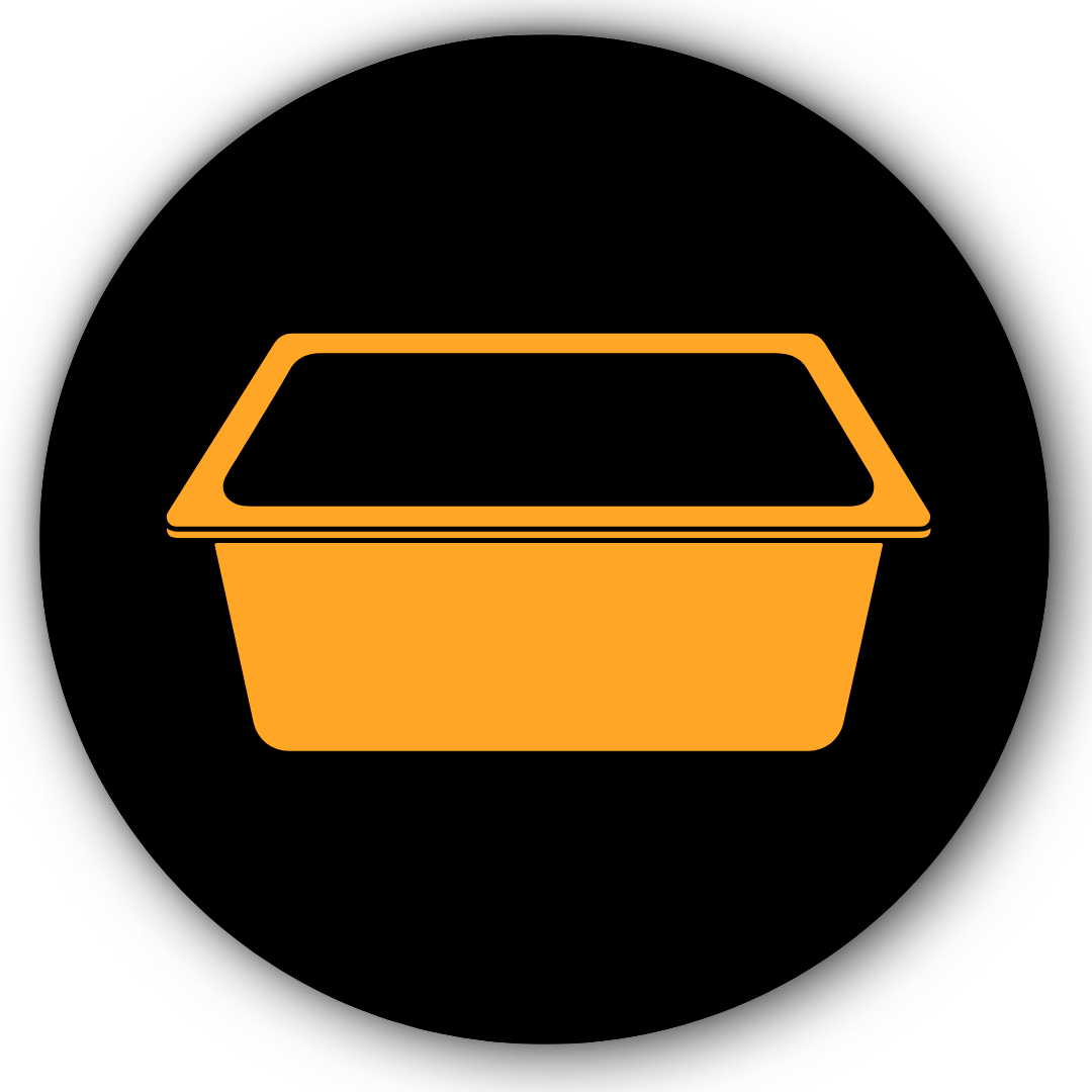 Orange dish tray icon on top of a black circle.