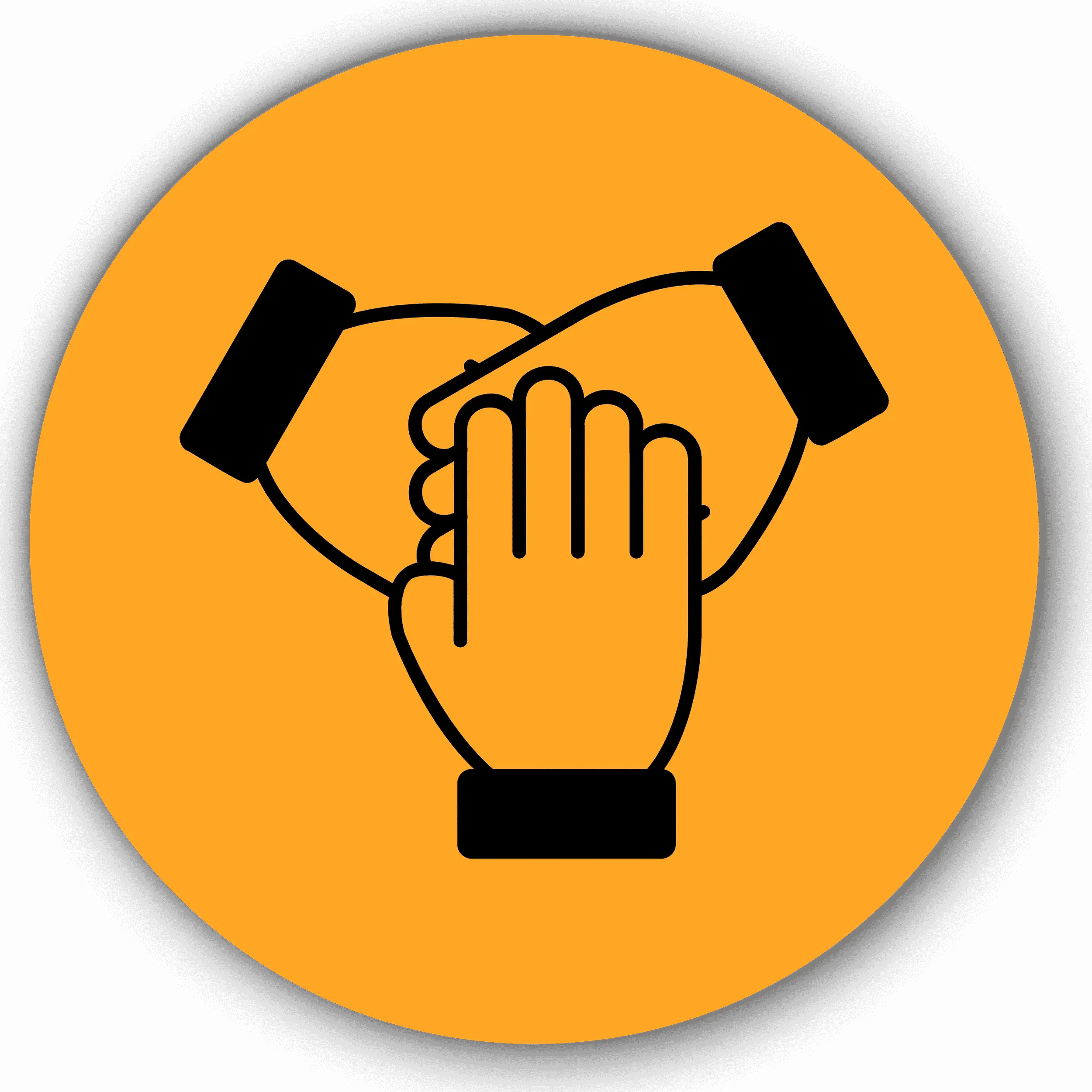 Black outline stack of hands against an orange circle background.