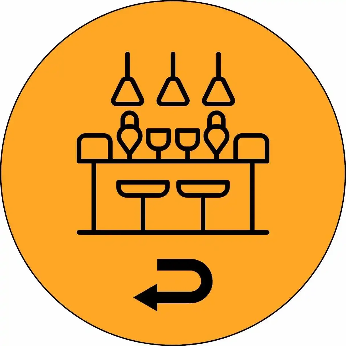 A circular sign with an orange background showing a black line drawing of a bar with three hanging glasses and two bar stools. An arrow pointing left is at the bottom of the sign.