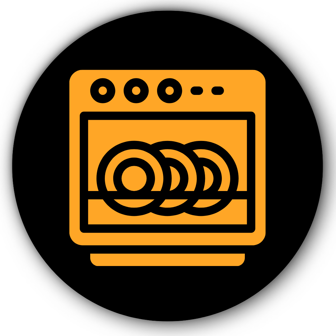 Orange dishwasher with plates inside icon on top of a black circle.
