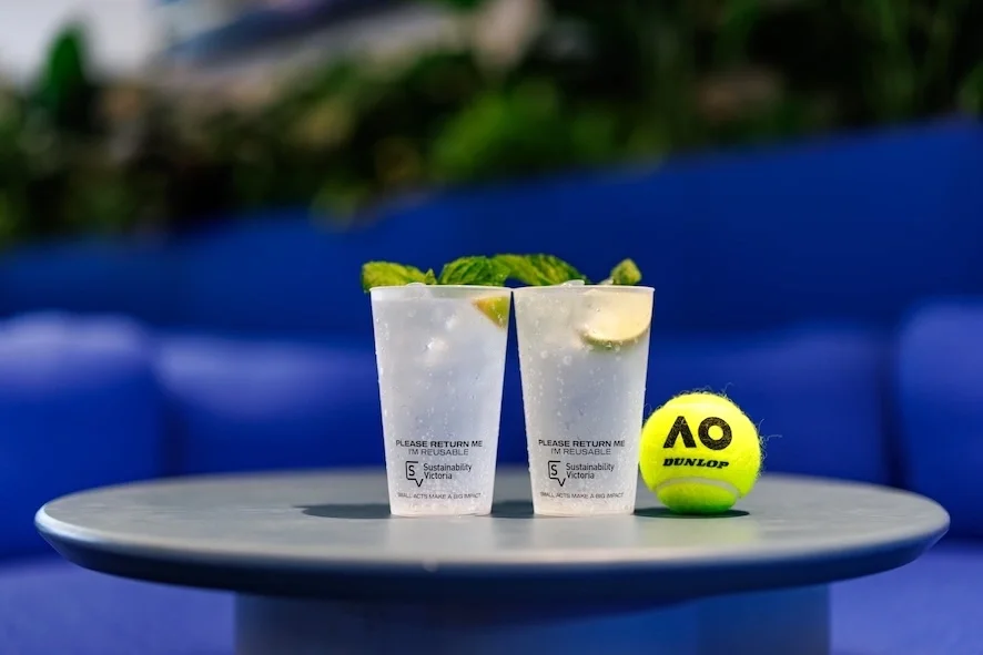 Reusable cups from Sustainability Victoria at the Australian Open trial of reusable food dishes and cups at large sporting event