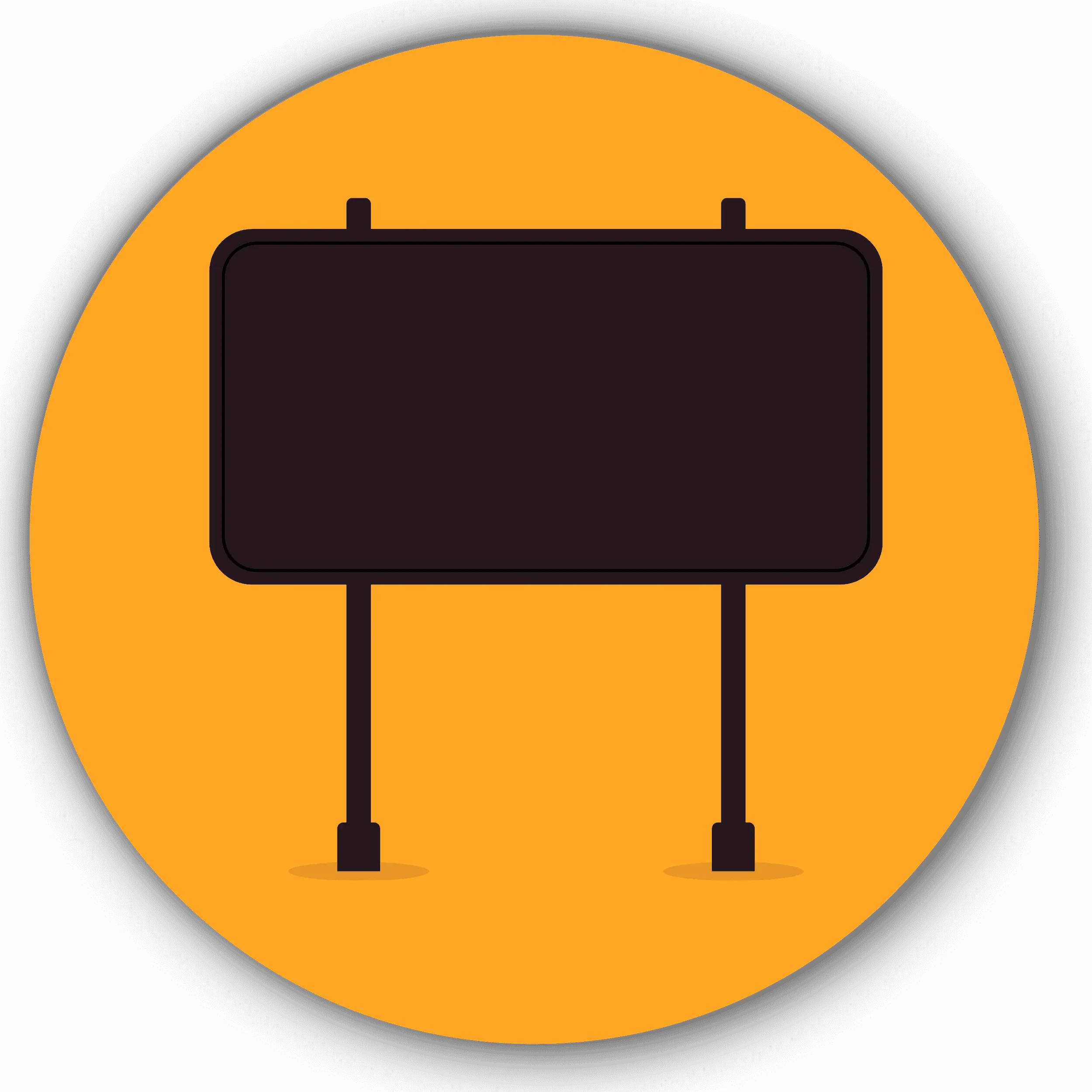 Black signage against an orange circle background.