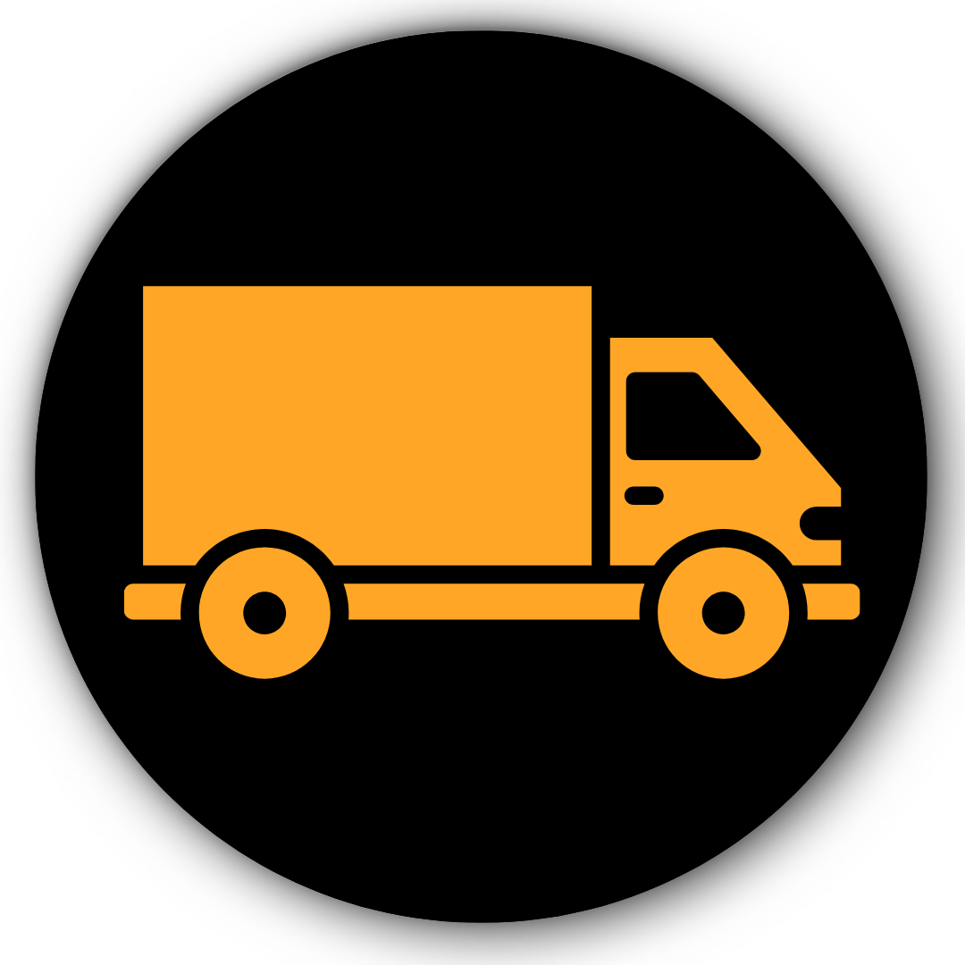 Orange truck icon on top of a black circle.