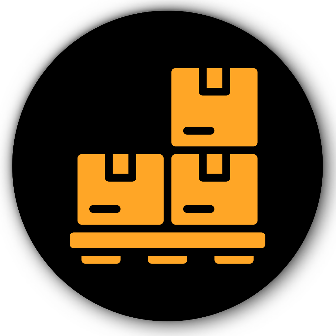 Orange stack box icon inside a black circle.