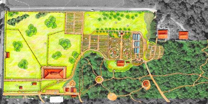 A permaculture food forest ecological landscape organic agriculture demonstrating community farming and animal husbandry